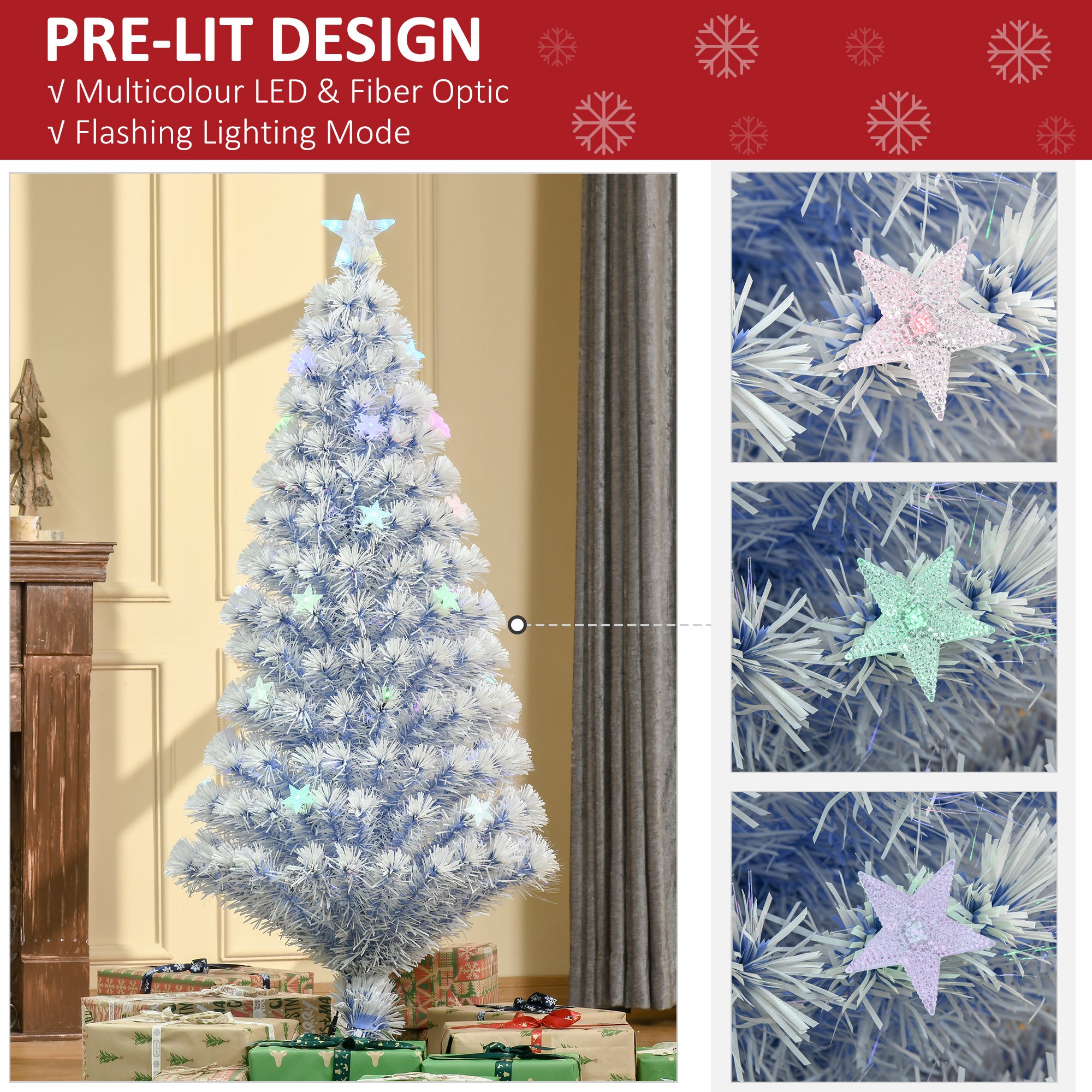 HOMCOM 5FT Artificial Fibre Optic Christmas Tree Seasonal Decoration w/ LED Lights Pre-Lit Easy Store White Blue - North Peak Garden Furniture