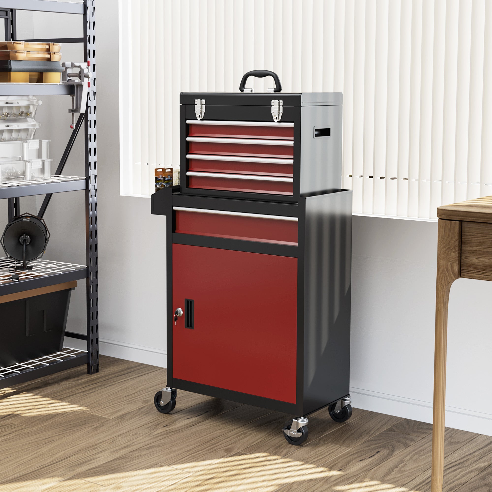 HOMCOM Two-Part Tool Storage Chest on Wheels - Black/Red - North Peak Garden Furniture