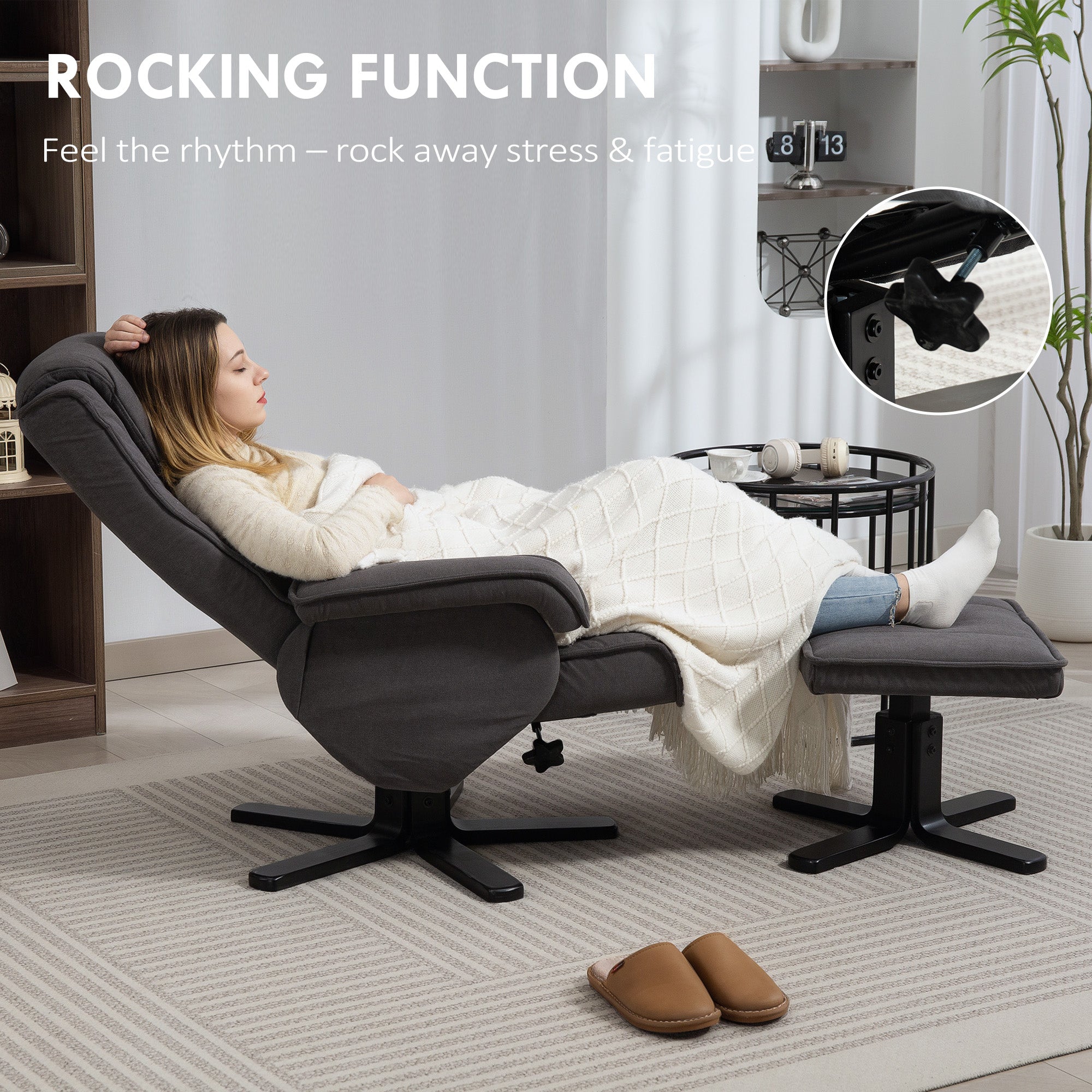 HOMCOM Rocker Swivel Recliner Chair with Footstool - Charcoal Grey Velvet - North Peak Garden Furniture