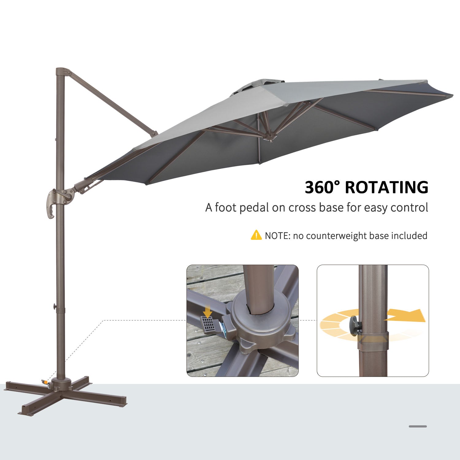 Outsunny 3(m) Cantilever Parasol 360° Rotation Roma Umbrella Hanging Sun Shade with Aluminium Frame, Tilt Crank, 8 Ribs and Cross Base, Dark Grey