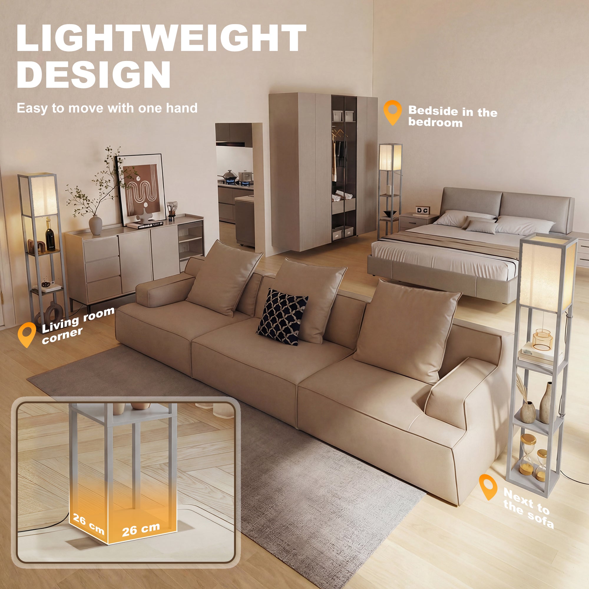 HOMCOM 3-Tier Floor Lamp, Floor Light with Storage Shelf, Reading Standing Lamp for Living Room, Bedroom, Kitchen, Dining Room, Office, Dorm, 160cm, Grey