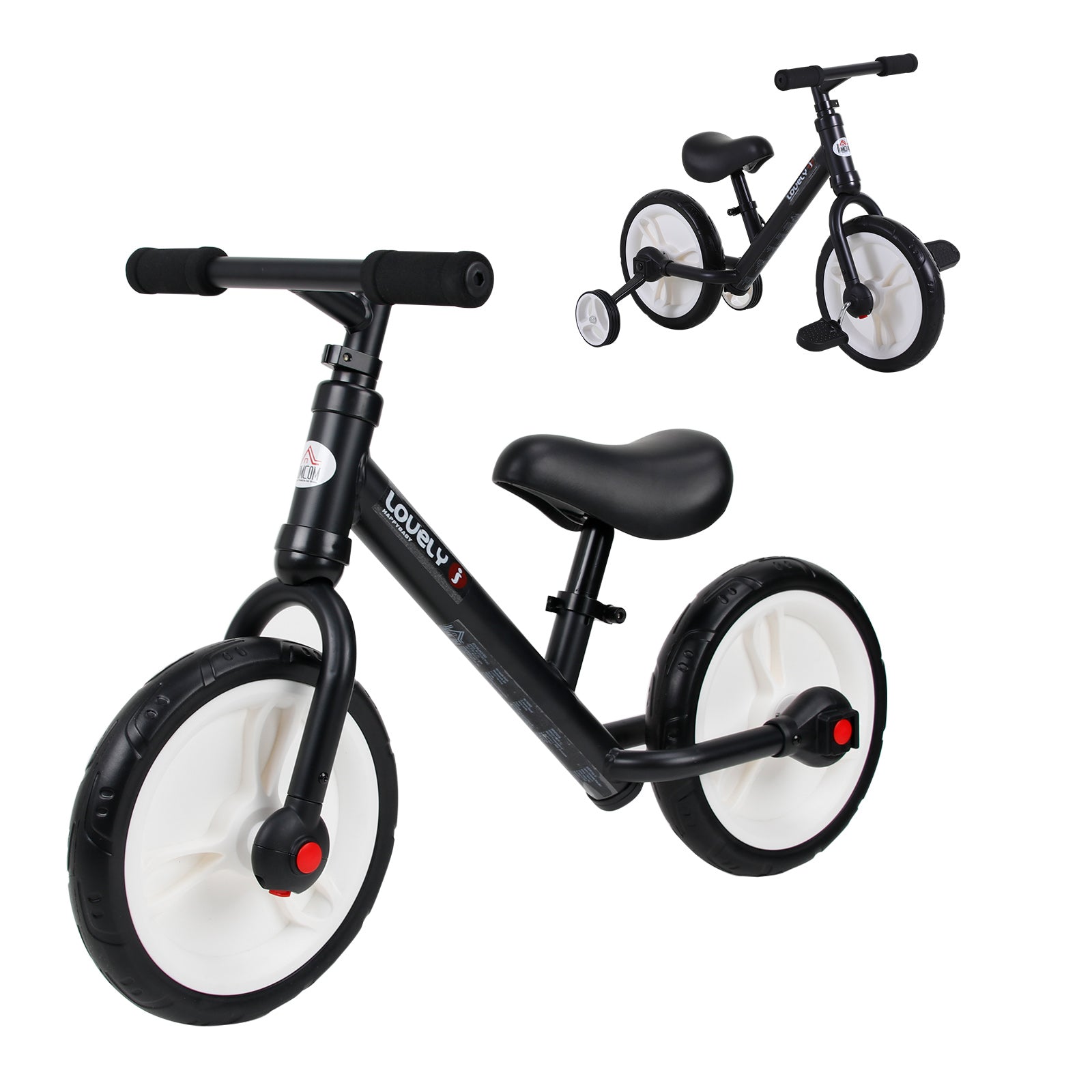 HOMCOM 11 Inch Kids Balance Bike Training Pedal Bicycle W/ Removable Stabilizers EVA Tyres Adjustable Seat Height 2 to 5 Years Gift for Boys Girls Black - North Peak Garden Furniture