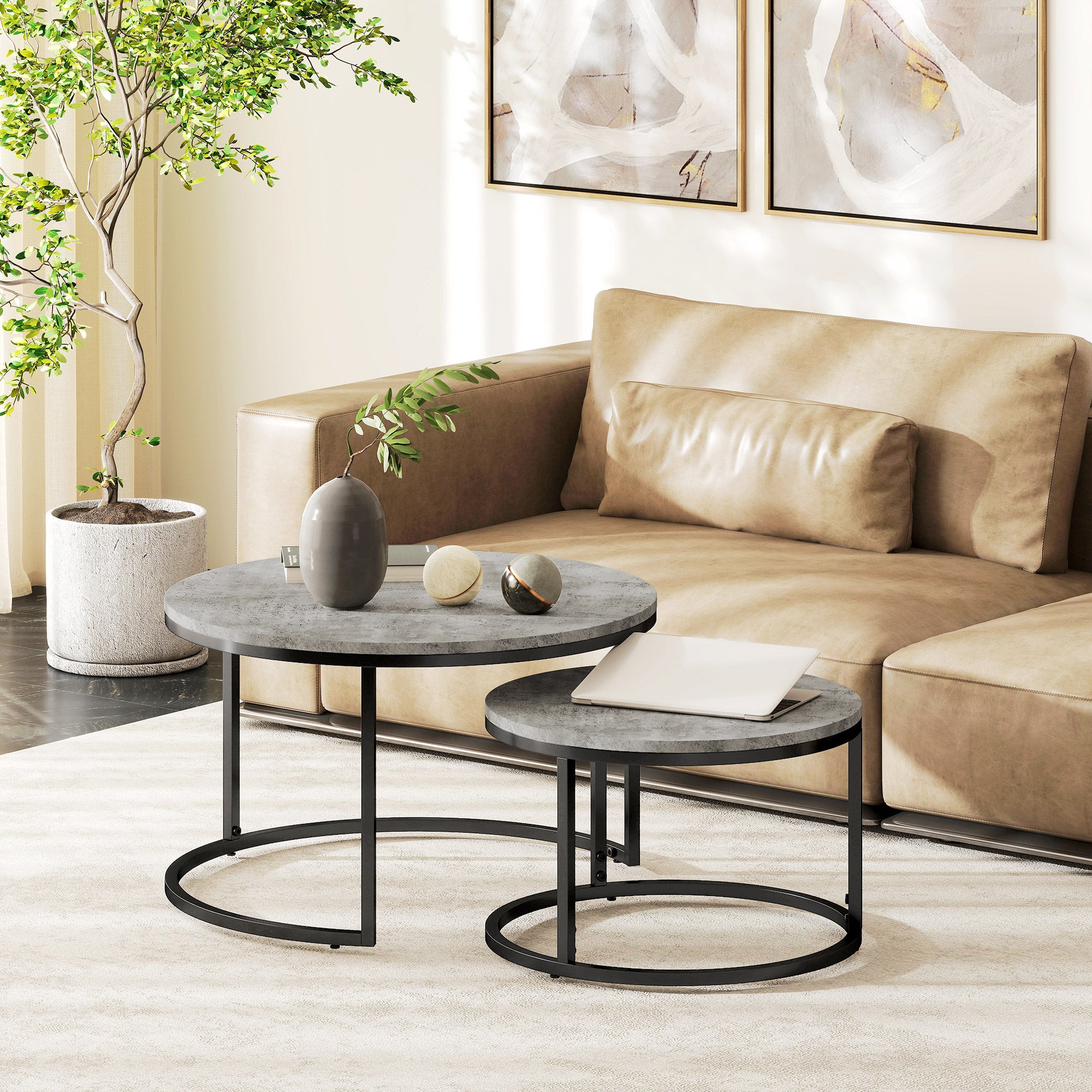 HOMCOM Set of Two Marble-Effect Stacking Tables - Grey/Black - North Peak Garden Furniture