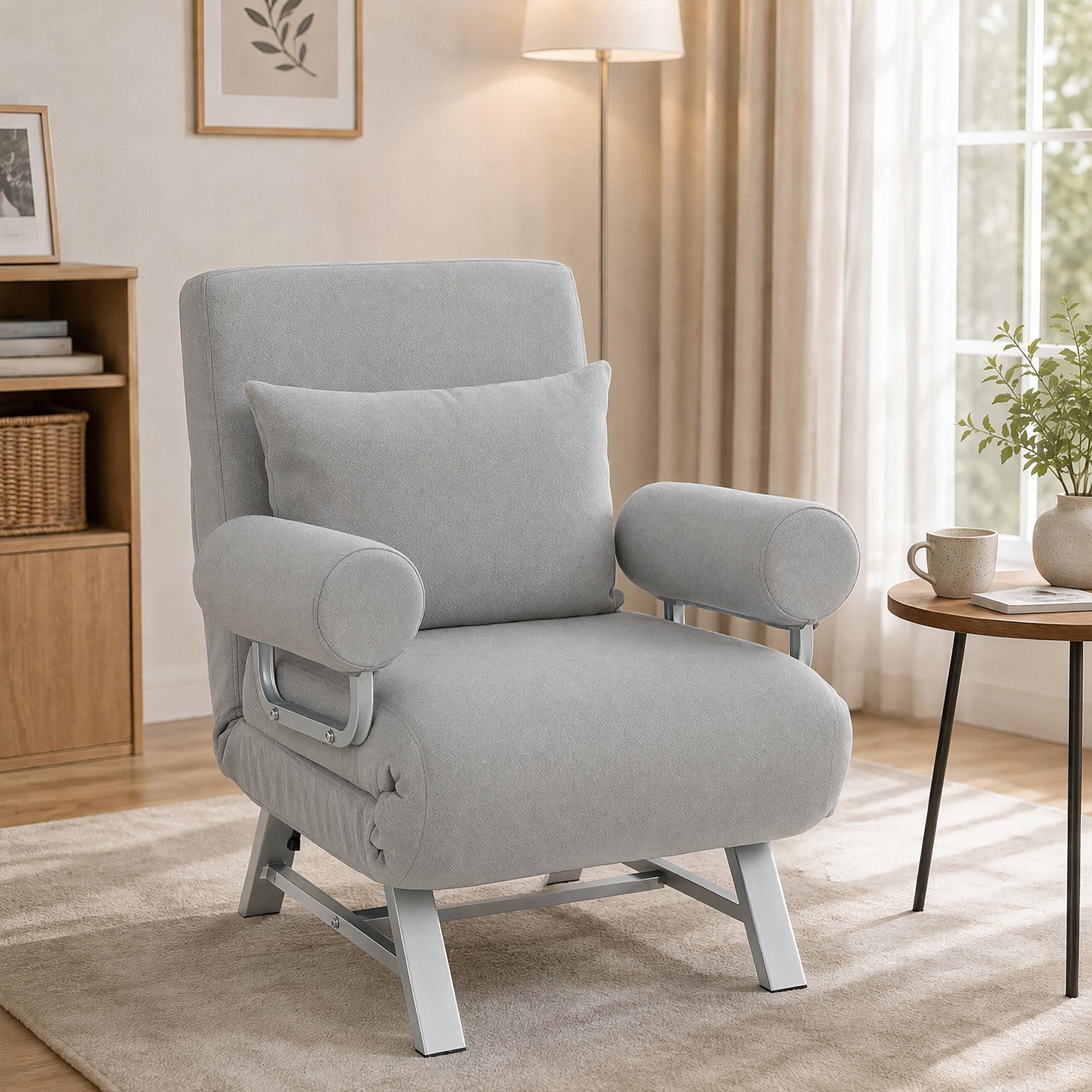 HOMCOM Single Sofa Bed, 3-in-1 Convertible Folding Chair Bed with Adjustable Backrest, Removable Armrests, Light Grey