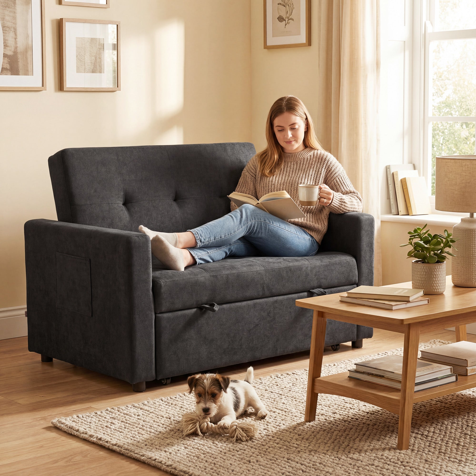 HOMCOM Loveseat Sofa Bed, Convertible Bed Settee with 2 Pillows, Side Pockets, Black