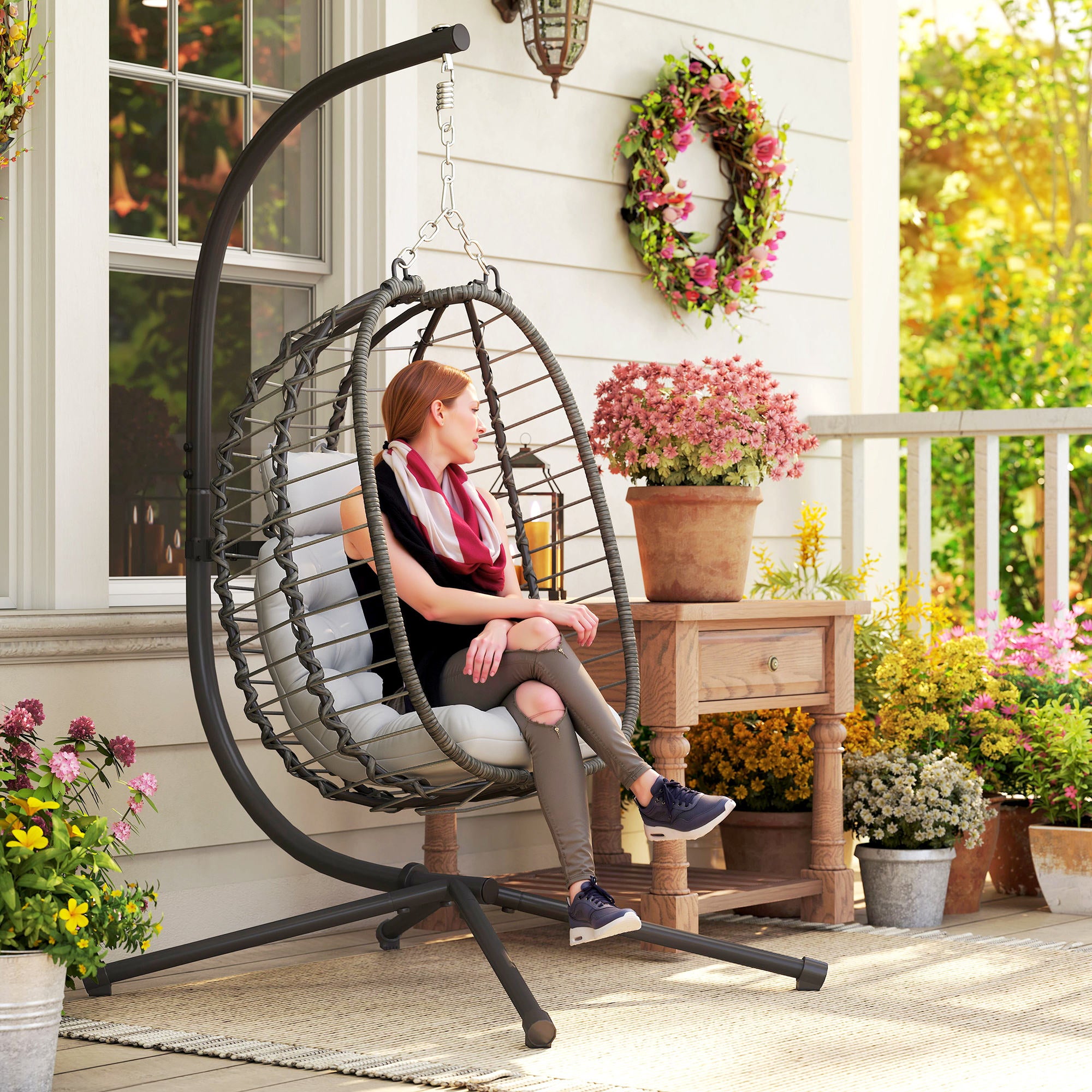 Outsunny Rattan Hanging Egg Chair, Foldable Wicker Hammock Swing Chair with Cushion, Stand, Adjustable Height, Head Pillow, Steel Frame for Garden Patio Indoor Outdoor, Light Grey - North Peak Garden Furniture