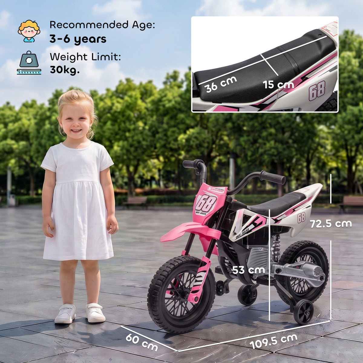 AIYAPLAY Kids Electric Motorcycle, 12V Ride On Motorbike with Training Wheels, Soft Start, Suspension, Music for 3–6 Years, Pink