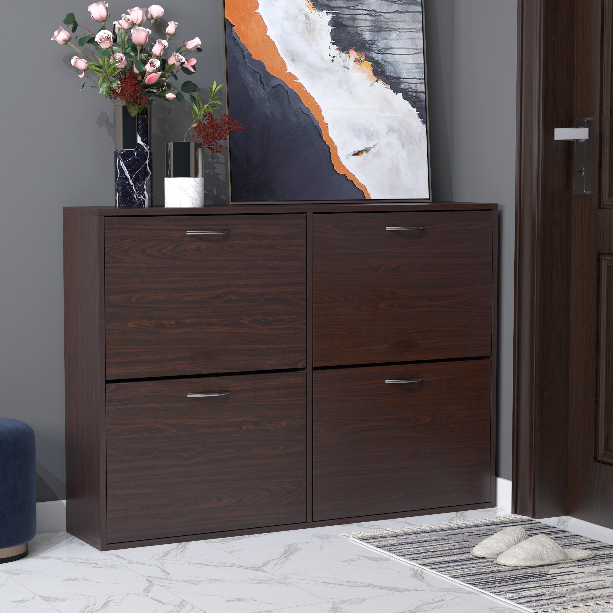 HOMCOM Wooden Modern Design 4 Drawer Shoes Cabinet Pull Down Shelf Storage Organiser Entrance Hallway Furniture - Dark Brown - North Peak Garden Furniture