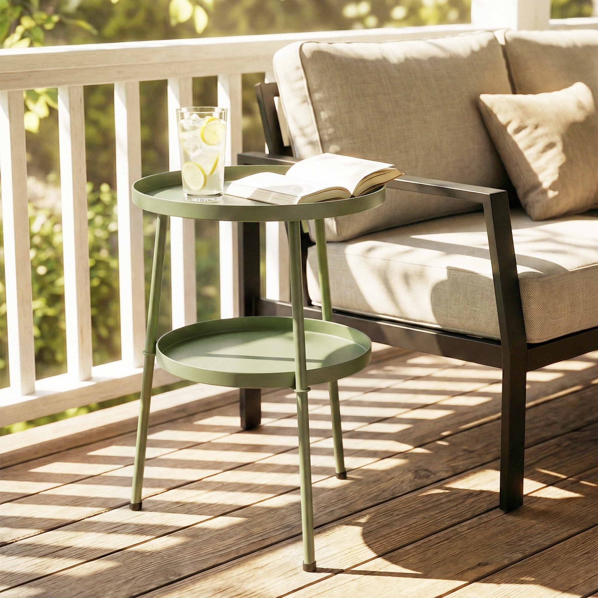 Outsunny Patio Side Table, 2-Tier Round Coffee End Table for Garden Balcony Living Room Bedroom, Light Green