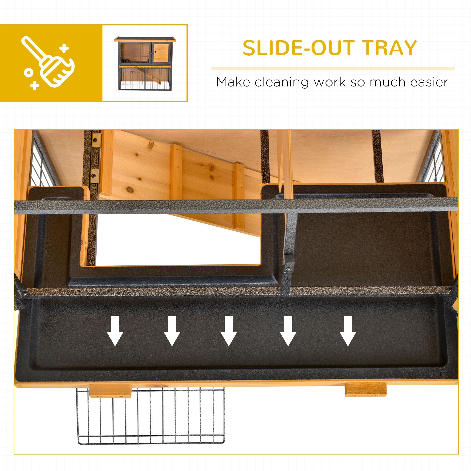 PawHut Guinea Pig Hutch Rabbit Hutch Wood-metal Elevated Pet House Bunny Cage with No-Leak Tray Ramp Openable Roof Outdoor 89.5 x 45 x 81cm Light Yellow - North Peak Garden Furniture
