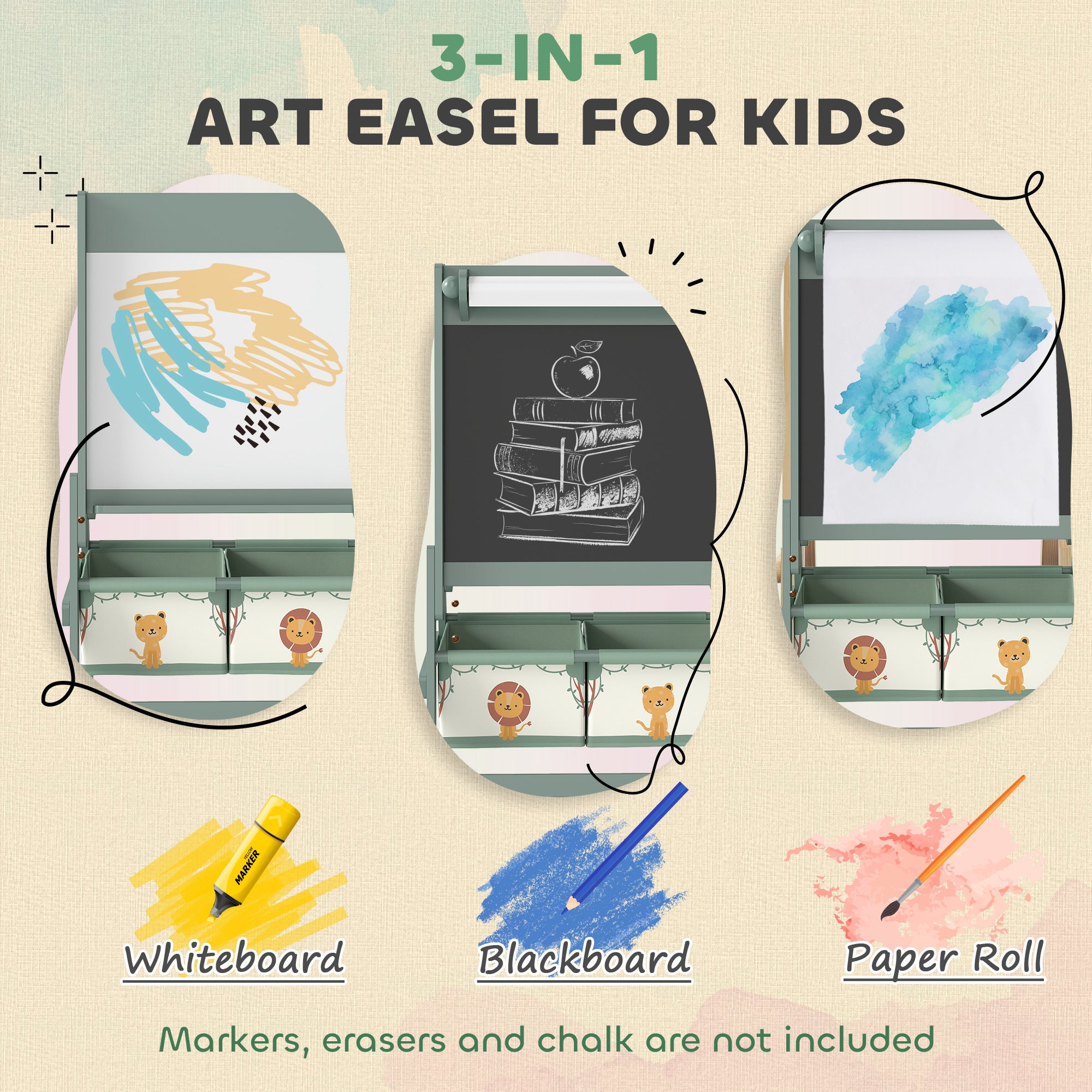 AIYAPLAY Art Easel for Kids, Double-Sided Whiteboard/Blackboard with Paper Roll, Two Storage Boxes, for Ages 3-8 Years, Green