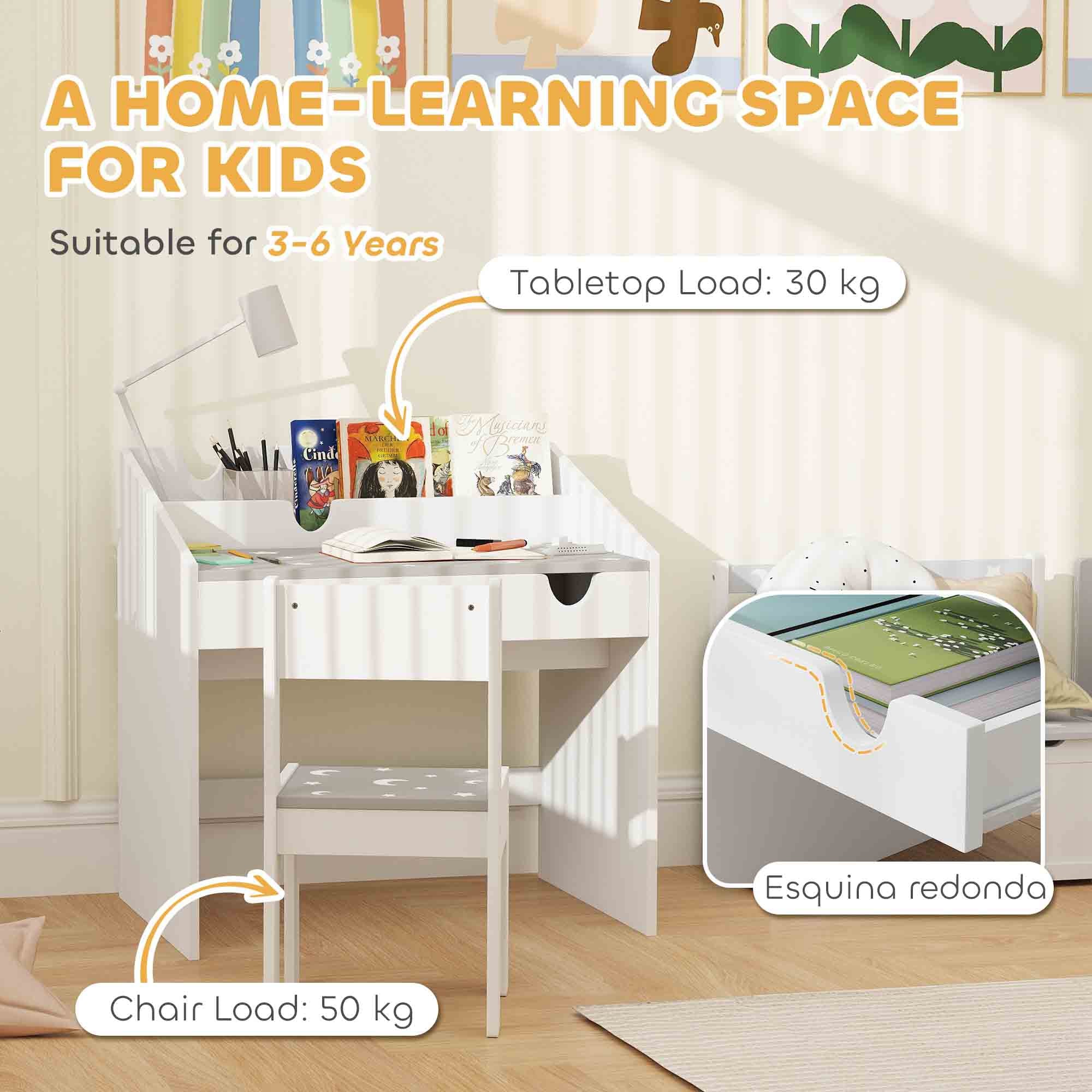 AIYAPLAY Children Study Table and Chair, Kids Desk and Chair Set with Storage, Pull-out Drawer, Gift for 3-6 Years Old - Grey - North Peak Garden Furniture