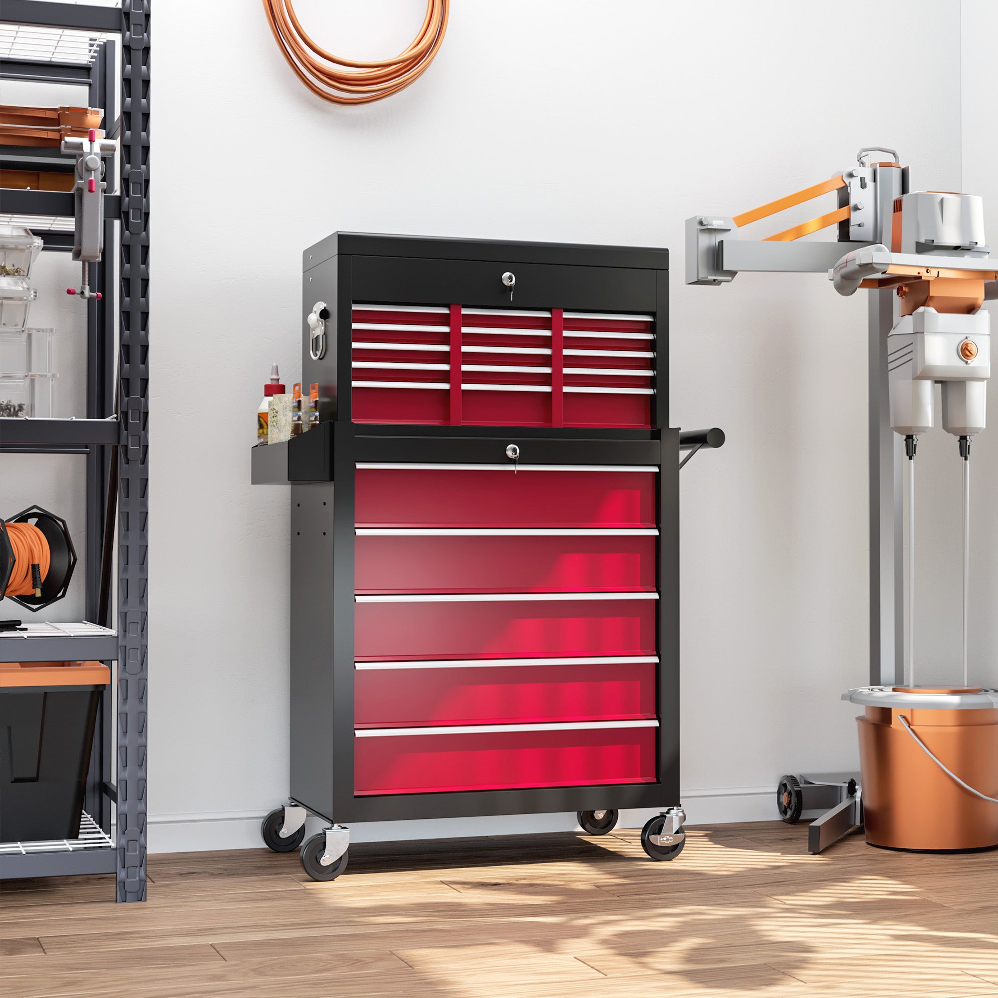 HOMCOM 19 Drawer, Two-Part Tool Storage Chest on Wheels - Red - North Peak Garden Furniture