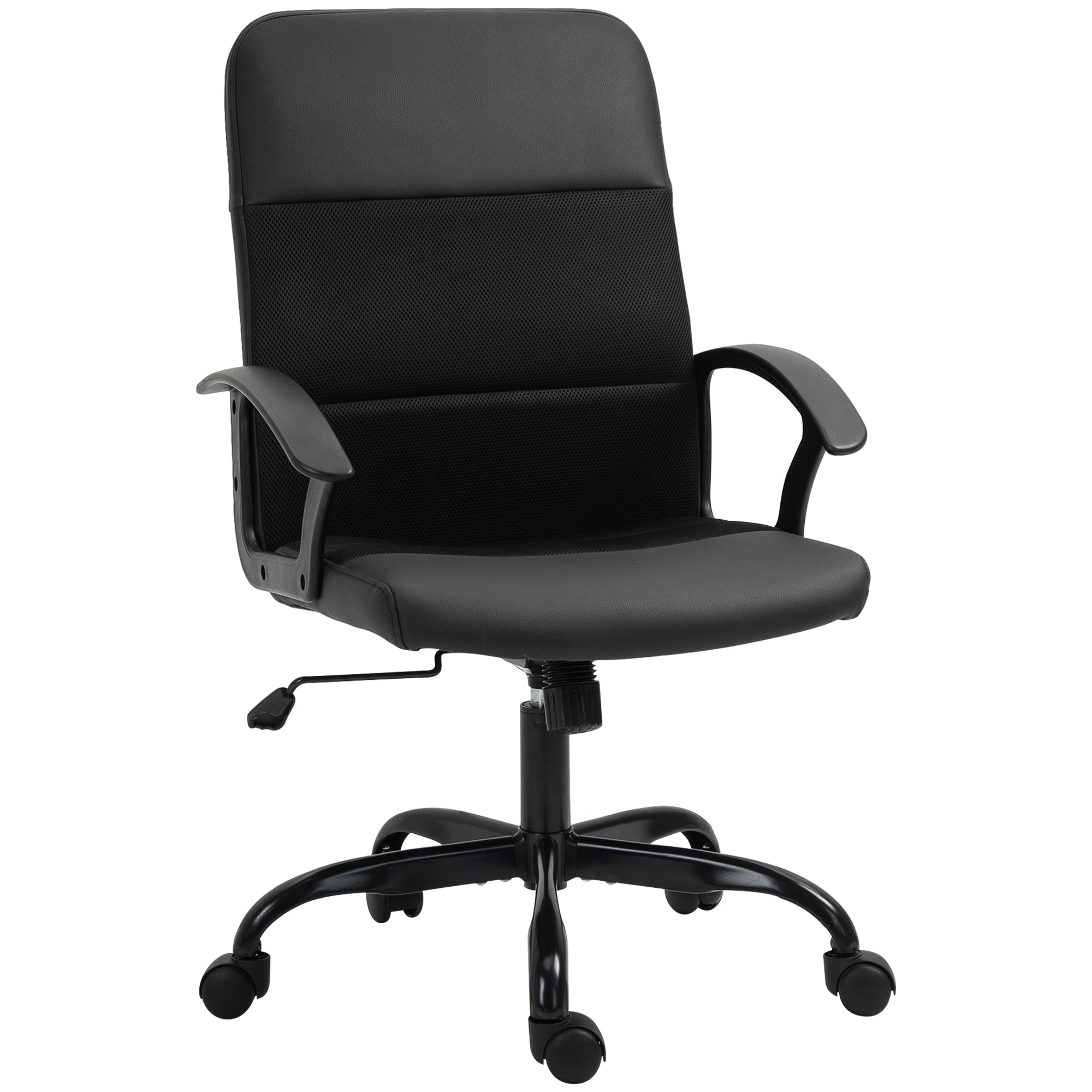 Vinsetto Mesh Office Chair, Faux Leather Desk Chair with Swivel Wheels, Adjustable Height and Tilt Function, Black - North Peak Garden Furniture