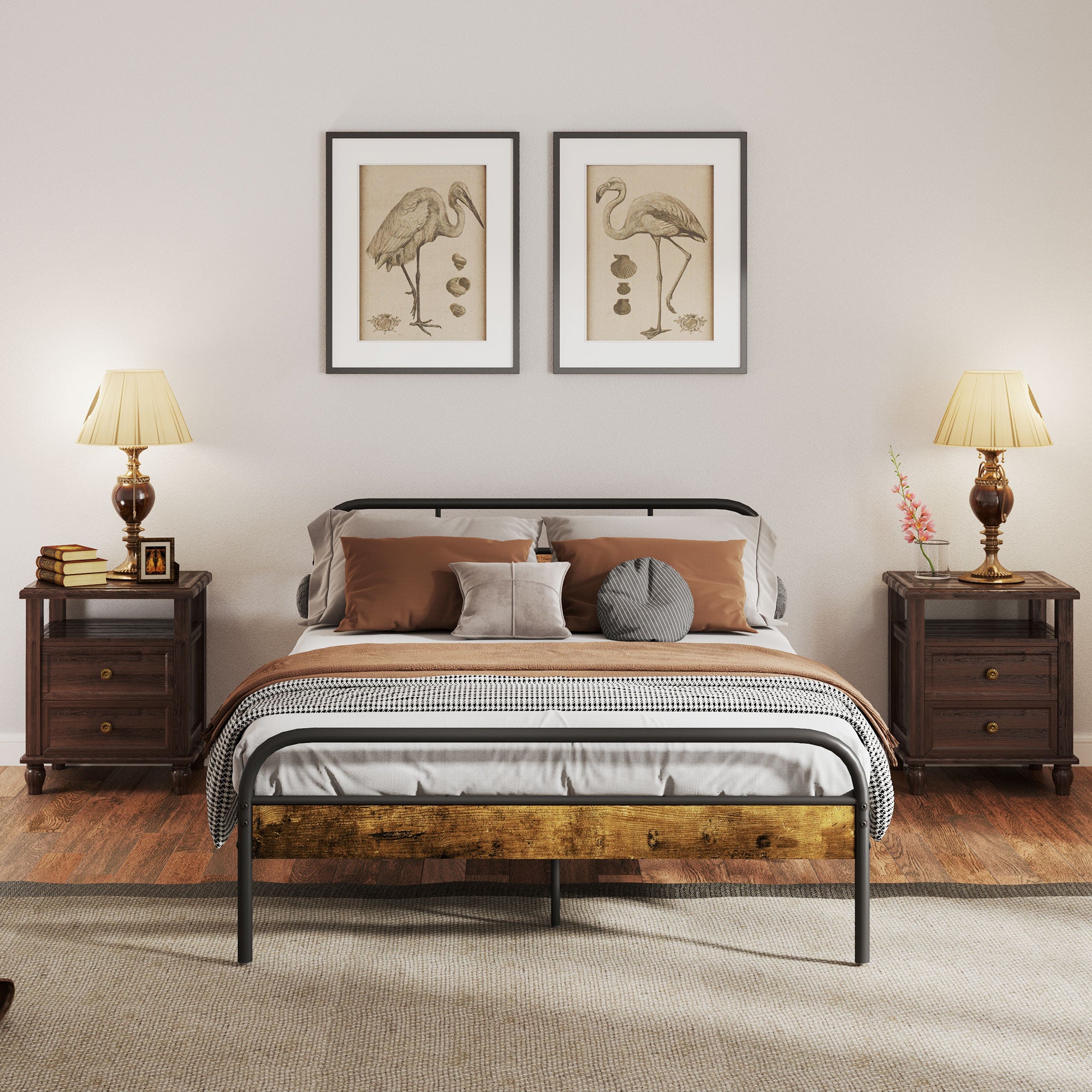 HOMCOM Industrial-Style Double Bed Frame - Black/Brown - North Peak Garden Furniture