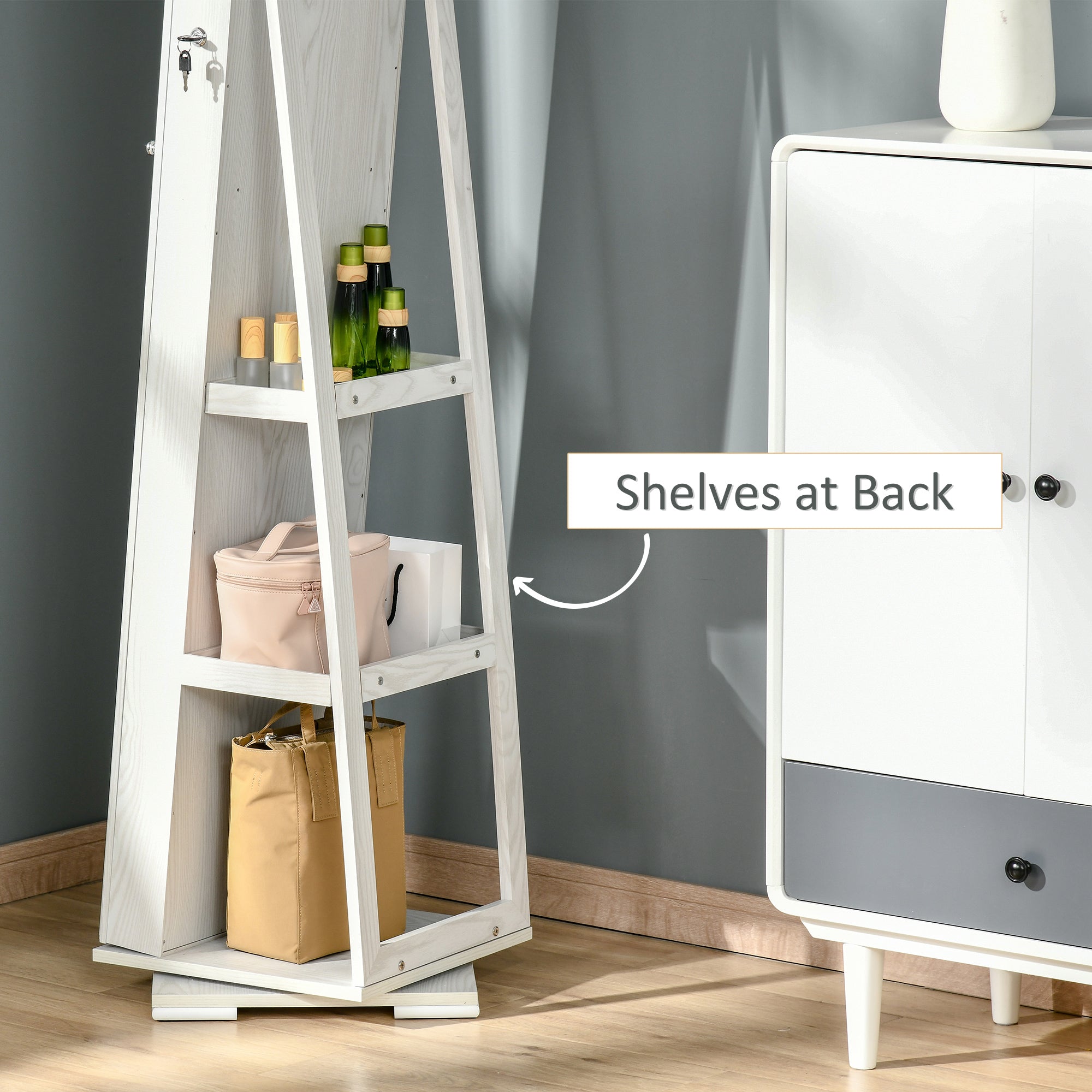 HOMCOM 360° Swivel Jewellery Cabinet, Mirror Armoire, Full Length Mirror, Lockable Jewellery Organizer with Built-In Small Mirror, White - North Peak Garden Furniture