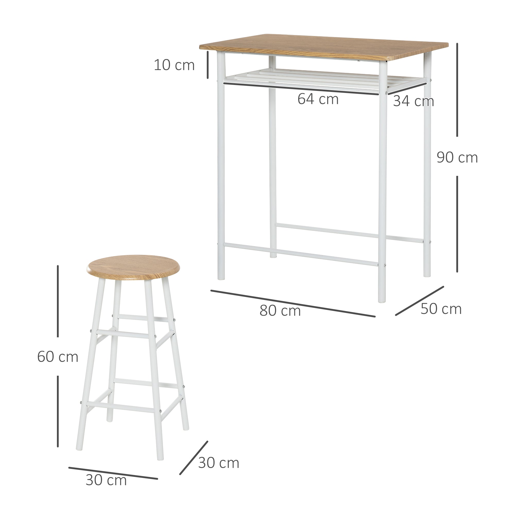 HOMCOM Bar Table Set, Bar Table and Stools Set, Footrest and Storage Shelf, for Kitchen, Dining Room, Pub, Cafe, White and Oak - North Peak Garden Furniture