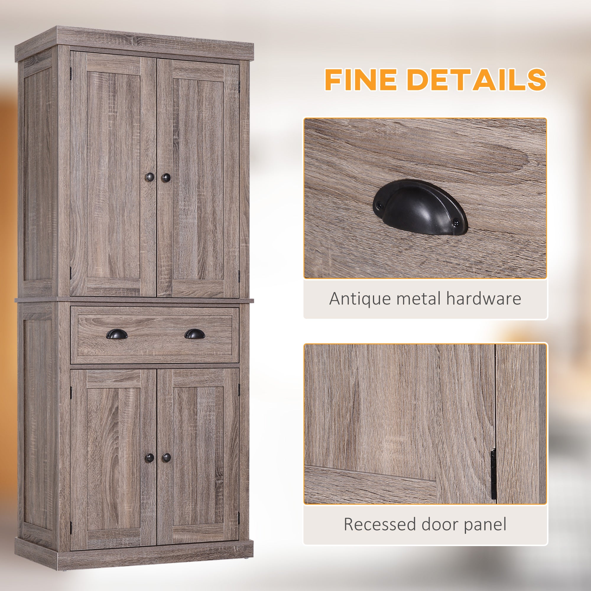 HOMCOM Freestanding Kitchen Cupboard, 184cm Tall Storage Cabinet with Doors and Shelves, Traditional Colonial 4-Door Kitchen Pantry Cupboard with Drawer, Dark Wood Grain - North Peak Garden Furniture