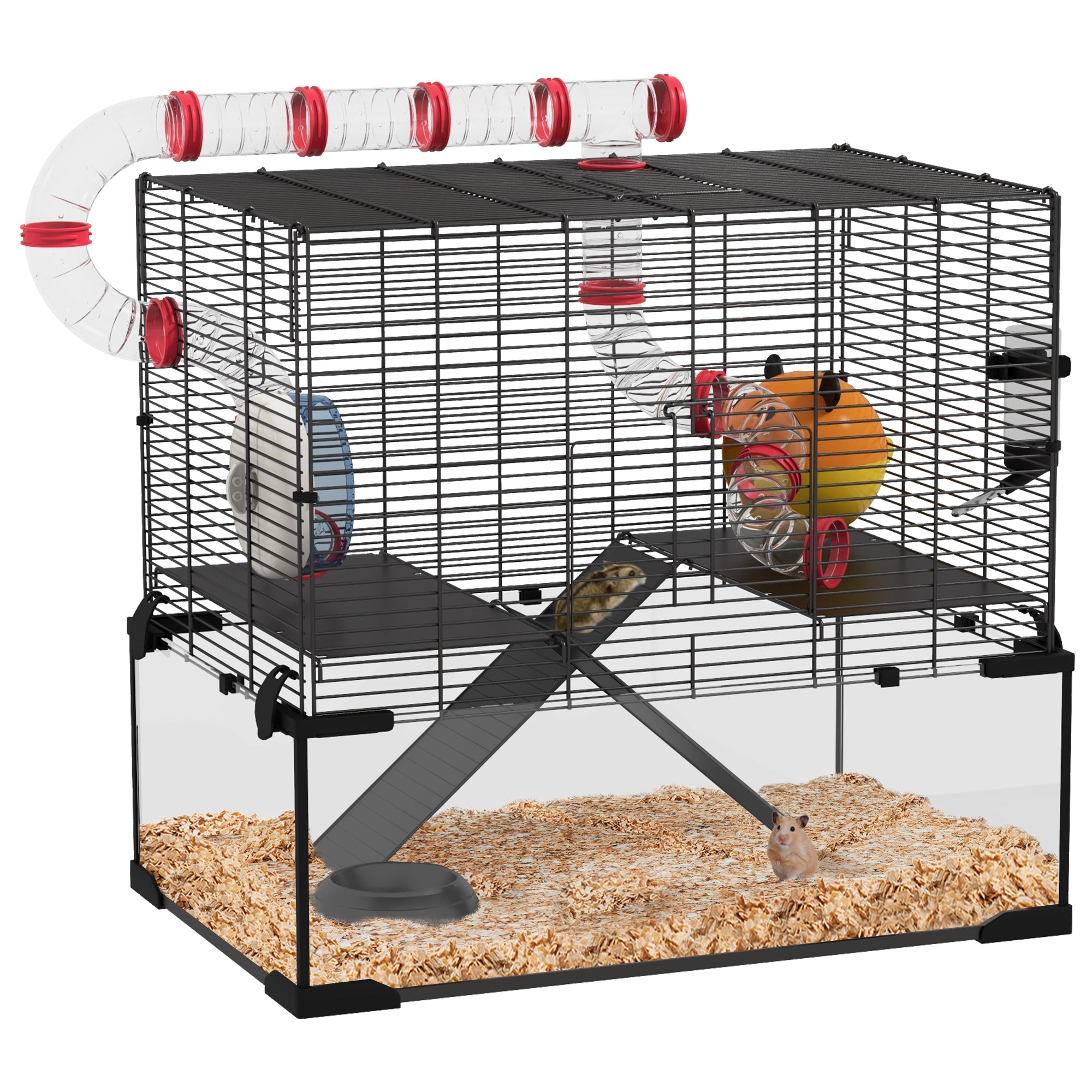PawHut Gerbil Cage Dwarf Hamster Cage, with Deep Glass Bottom, Tunnels, Hut, Exercise Wheel, 60 x 40 x 57cm - North Peak Garden Furniture