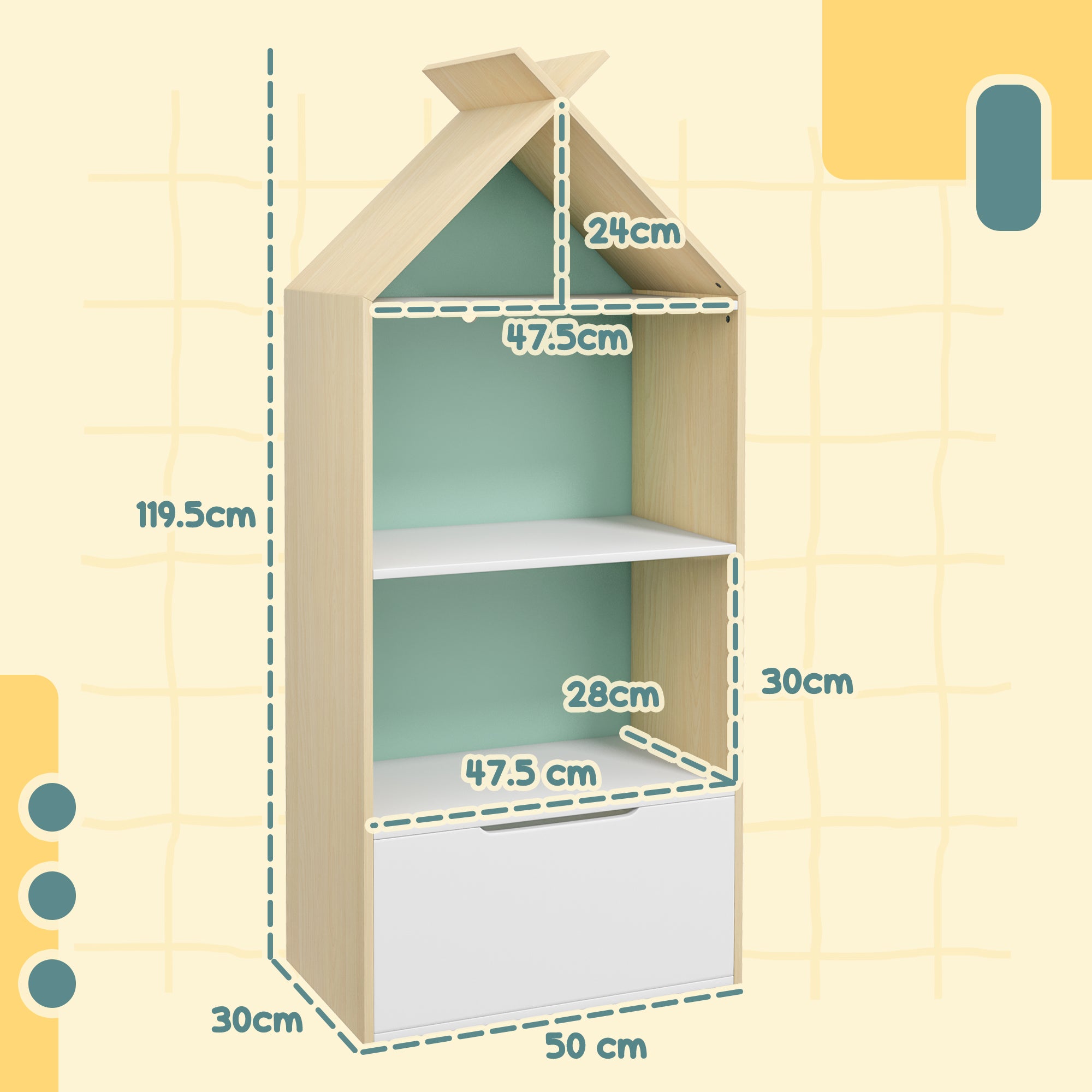 AIYAPLAY Kids Bookshelf with 3 Shelves, Drawer, Anti-tip Device, Anti-Slip Foot Cover, for Kids Room, Green