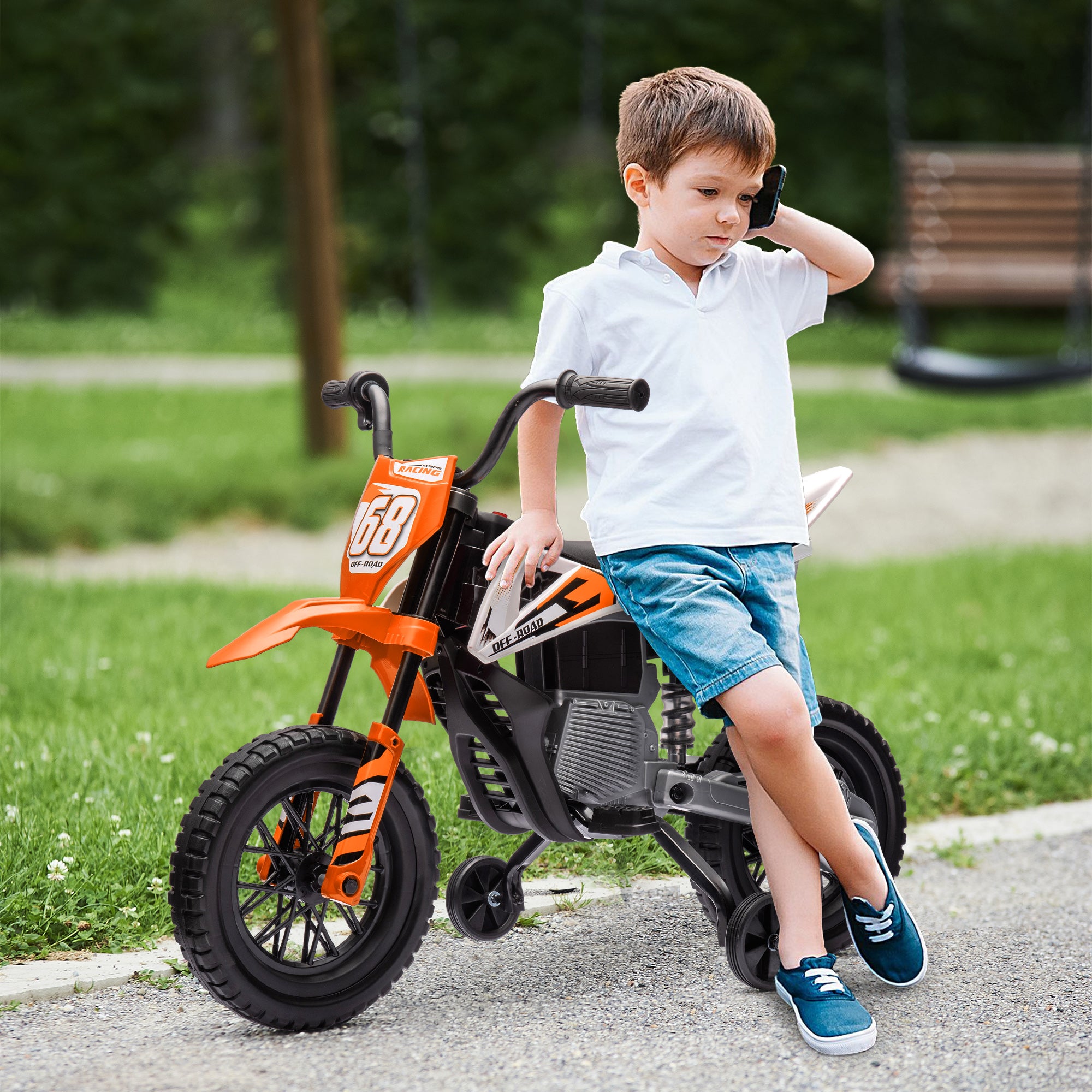 AIYAPLAY 12V Kids Electric Motorbike, Kids Electric Ride on motorcycle w/ Twist Grip Throttle, Training Wheels, Orange