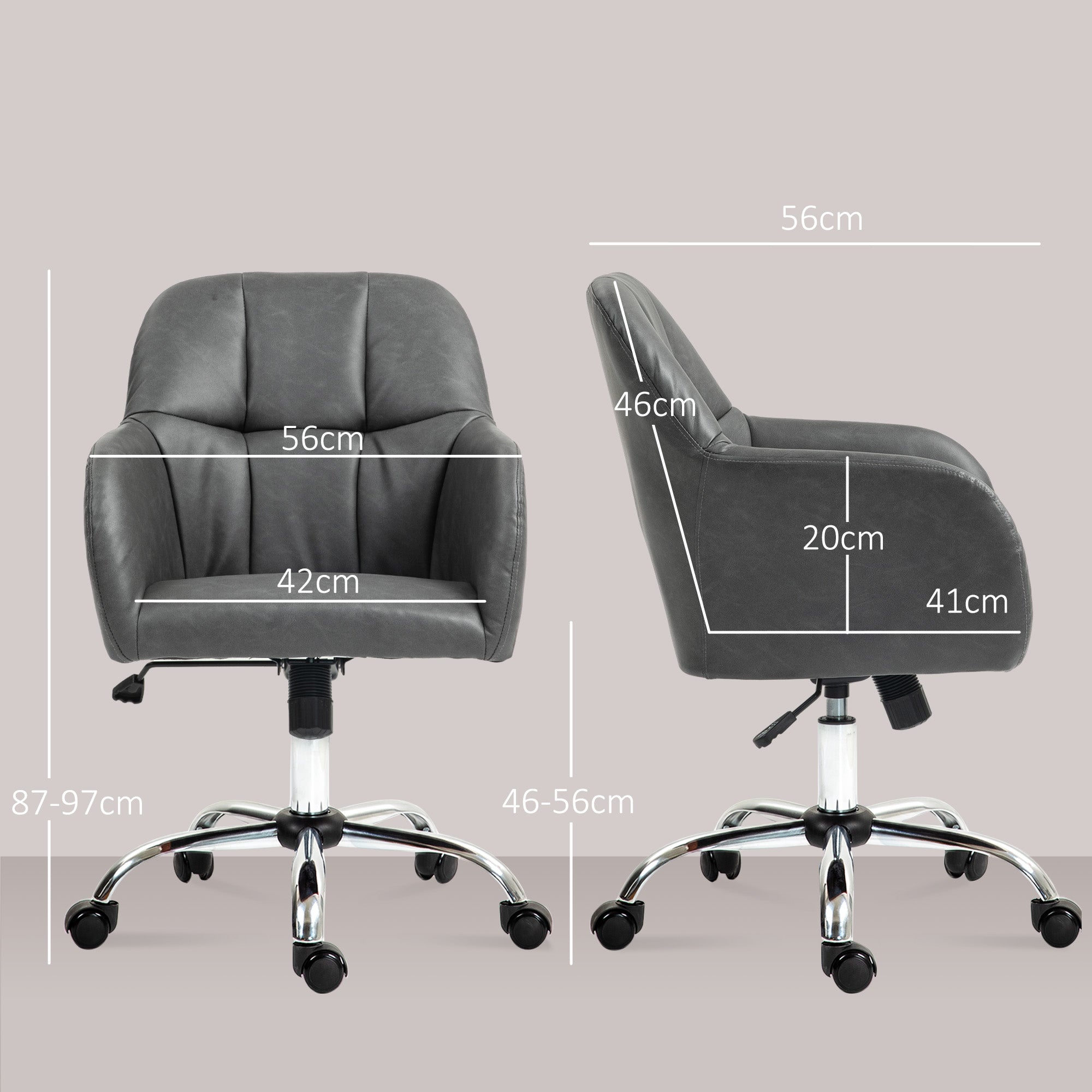 HOMCOM Faux Leather Tub Office Chair, with Wheels - Grey - North Peak Garden Furniture