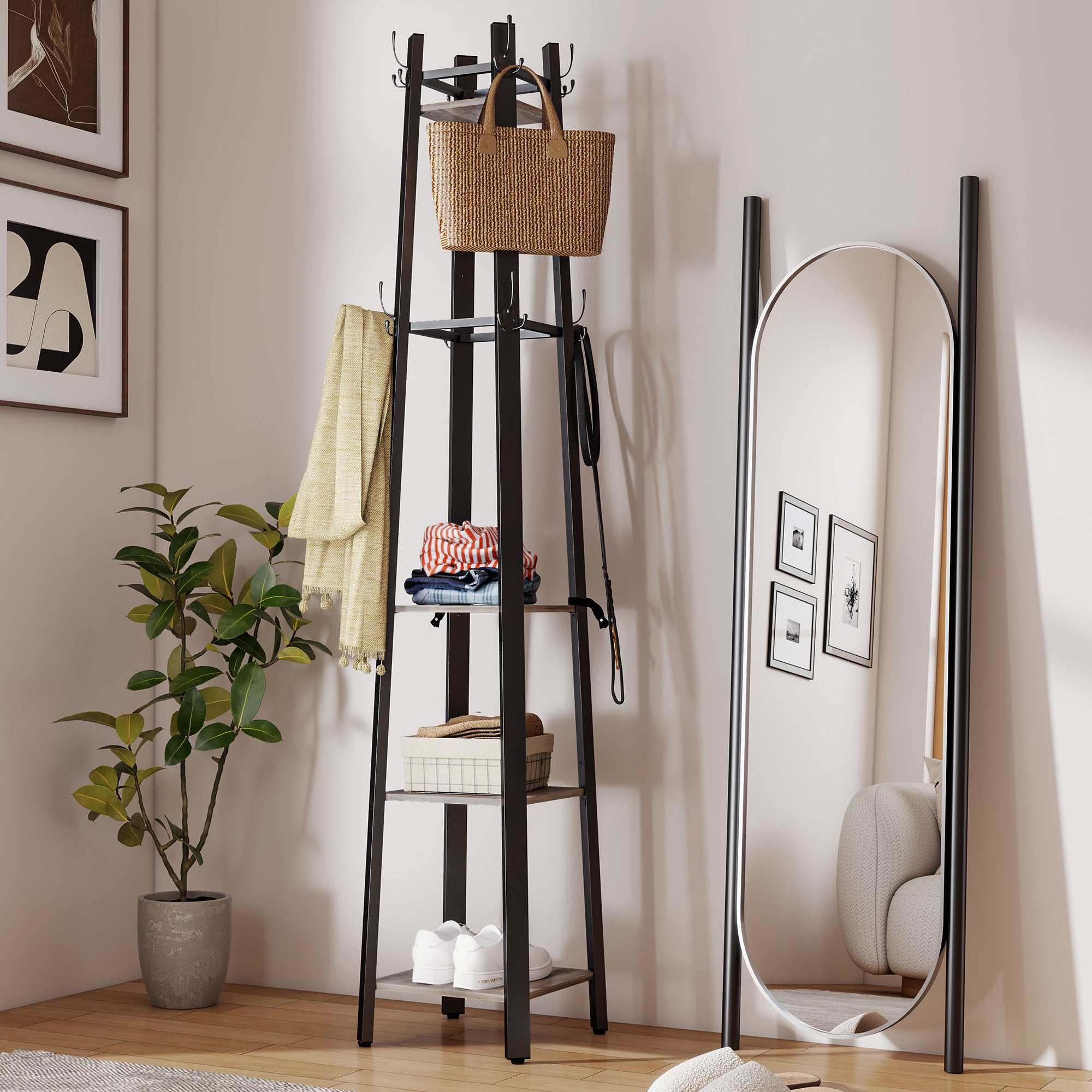 HOMCOM Industrial Coat Stand with 8 Hooks and 4 Shelves - Grey
