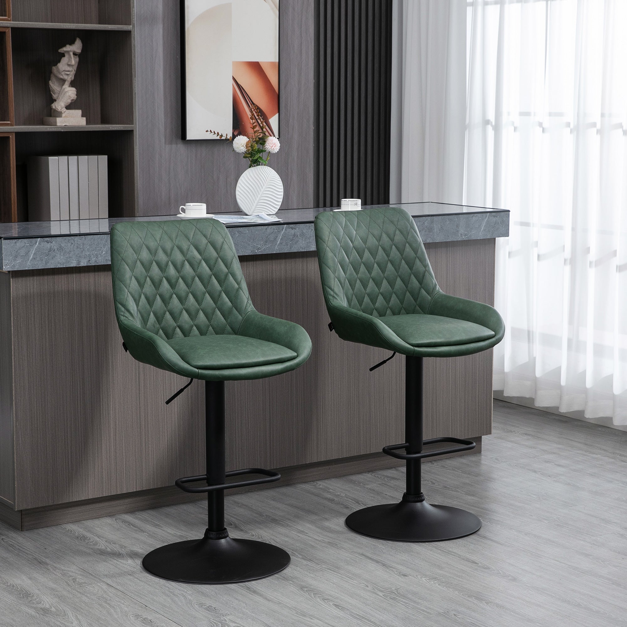 HOMCOM Retro Bar Stools Set of 2, Adjustable Kitchen Stool, Upholstered Bar Chairs with Back, Swivel Seat, Green - North Peak Garden Furniture