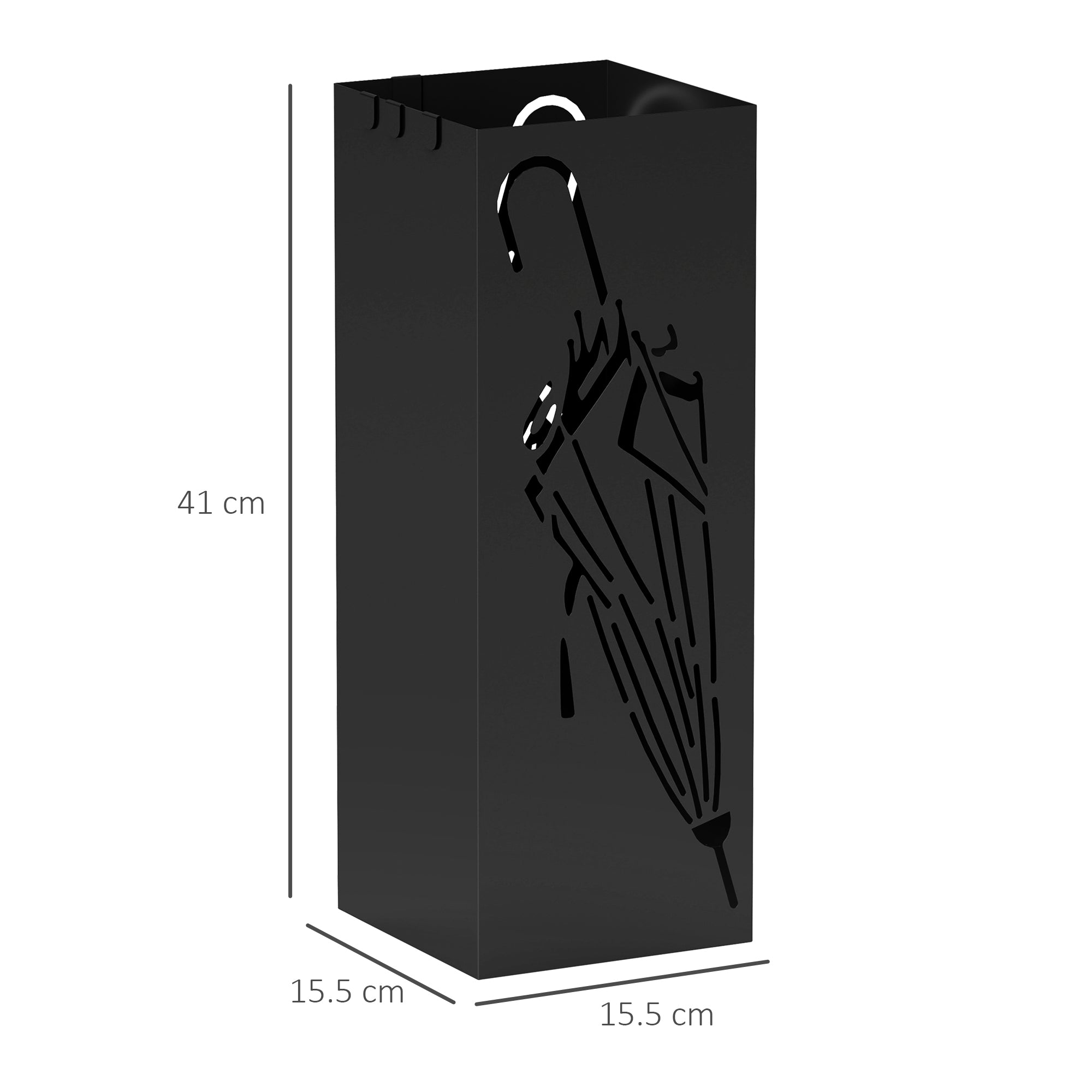 HOMCOM Metal Umbrella Stand, Square Umbrella Holder with 4 Hooks and Removable Drip Tray, Decorative Umbrella Storage Rack for Entryway, Hallway, 15.5 x 15.5 x 41 cm, Black - North Peak Garden Furniture