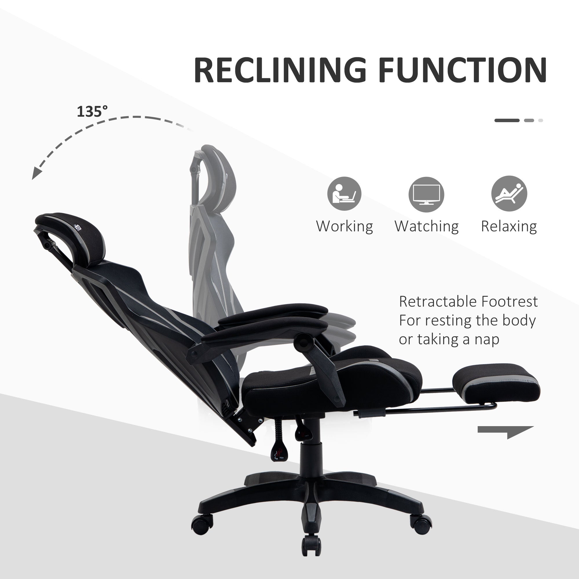 Vinsetto Mesh Office Chair Desk Task Computer Recliner with Footrest, Lumbar Back Support, Swivel Wheels, Adjustable Height for Home, Black Grey - North Peak Garden Furniture
