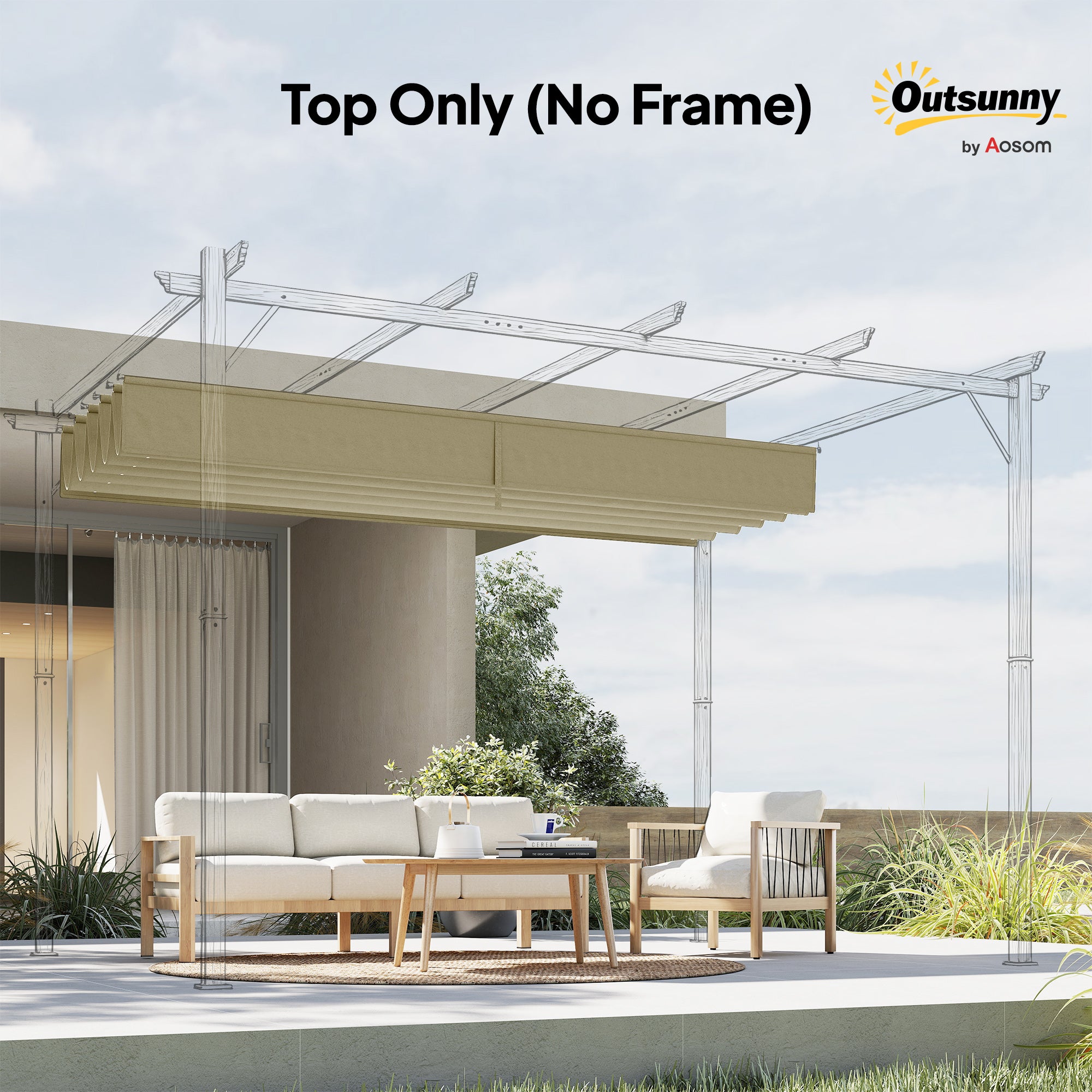 Outsunny Retractable Pergola Shade Cover, Replacement Canopy for 4 x 3 (m) Pergola, Retractable Roof, Beige