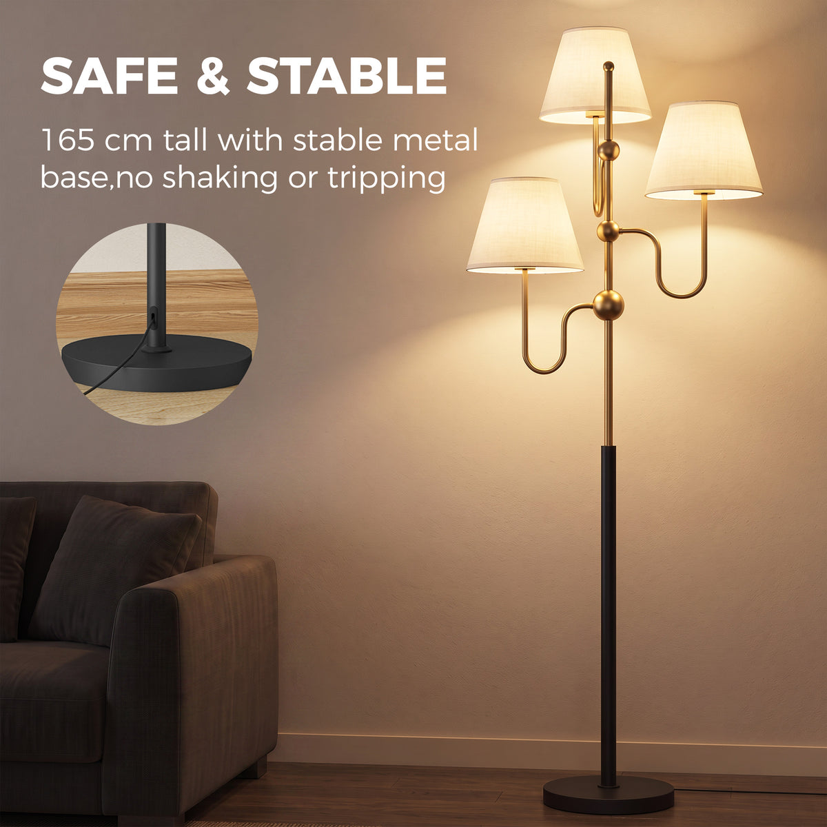 HOMCOM Floor Lamp, 165 cm Tall Standing Lamp with 3 Light and Foot Switch for Living Room, Bedroom, Bedside, Office, E27 Base Without Bulb (40W Max)