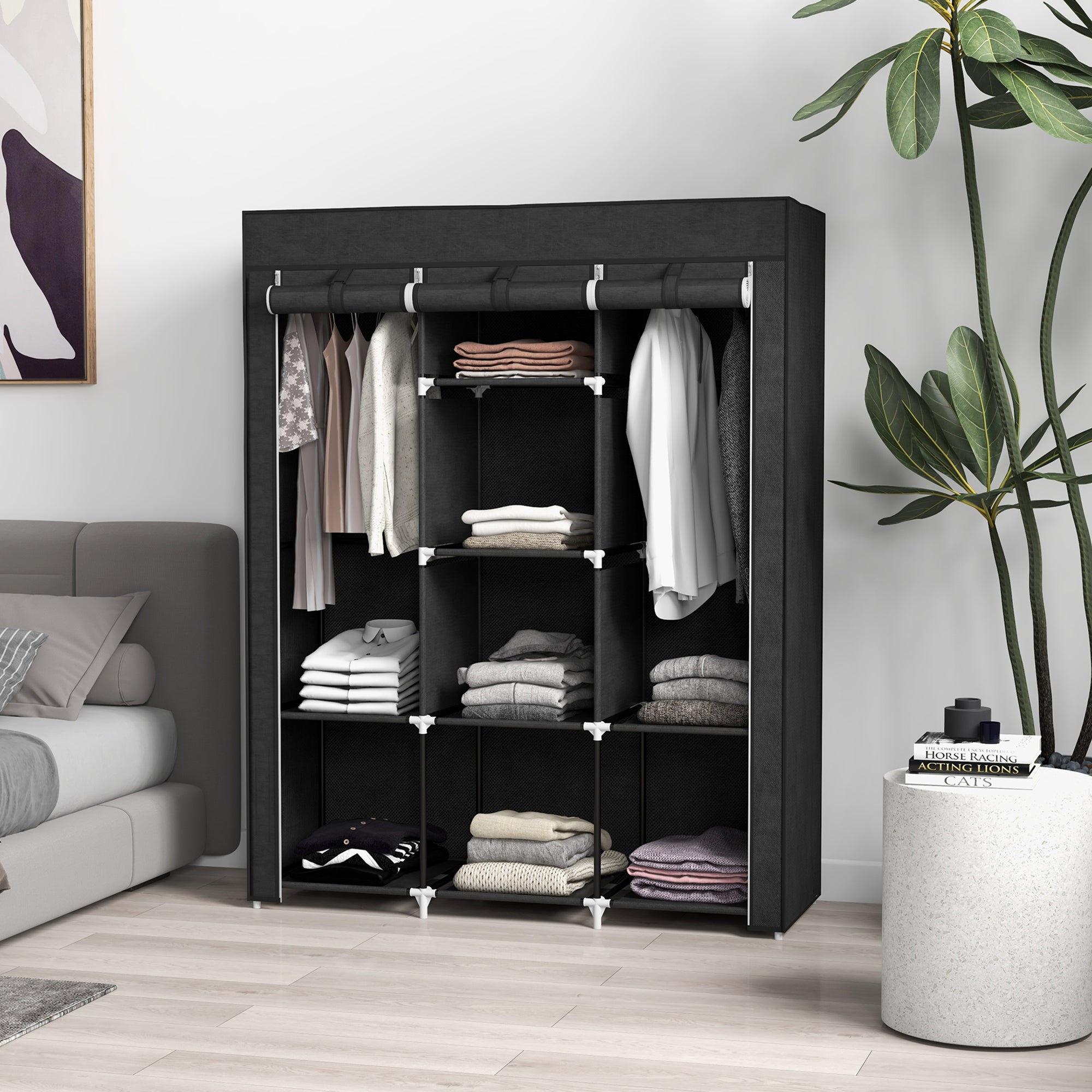 HOMCOM Fabric Wardrobe, Portable Wardrobe, Clothes Storage Unit with 8 Shelves, 2 Hanging Rods, 125 x 43 x 162.5 cm, Black - North Peak Garden Furniture