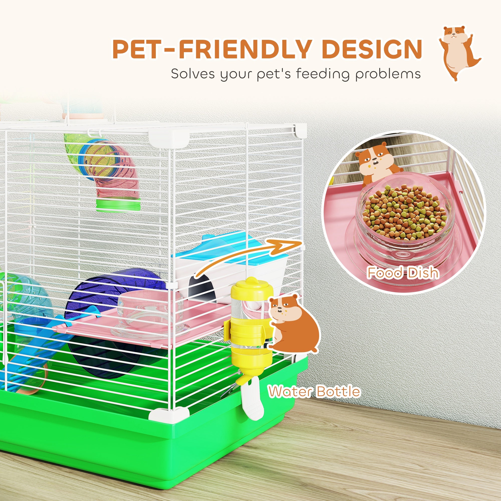 PawHut 2 Tier Hamster Cage, Gerbil Cage with Handle, Exercise Wheels, Tunnel, Water Bottle, Dishes, Ladder, for Dwarf