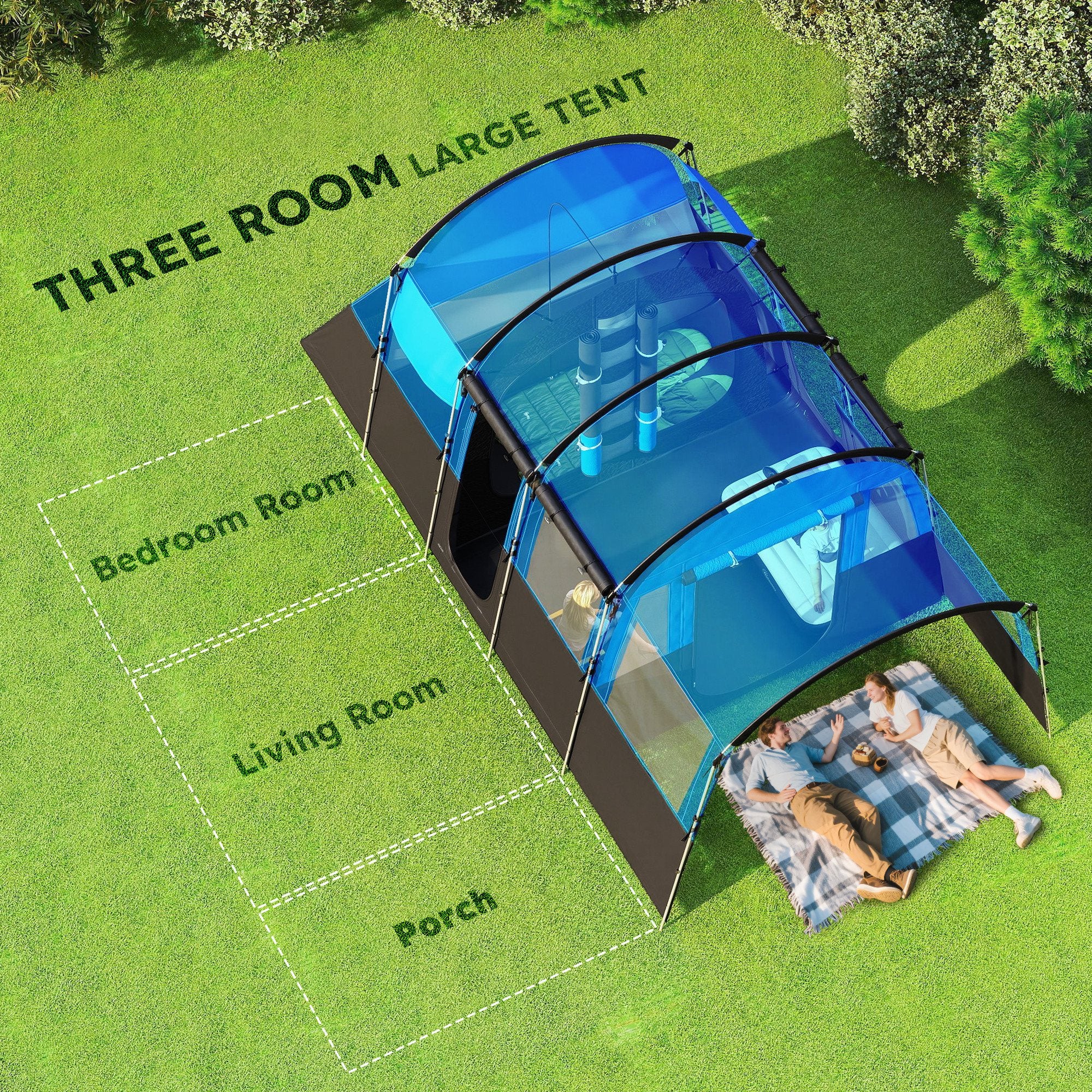 Outsunny 8-Person Camping Tent, Waterproof Family Tent, Tunnel Design, 4 Large Windows, Sleeping Cabins 3000mm Water Column Blue - North Peak Garden Furniture