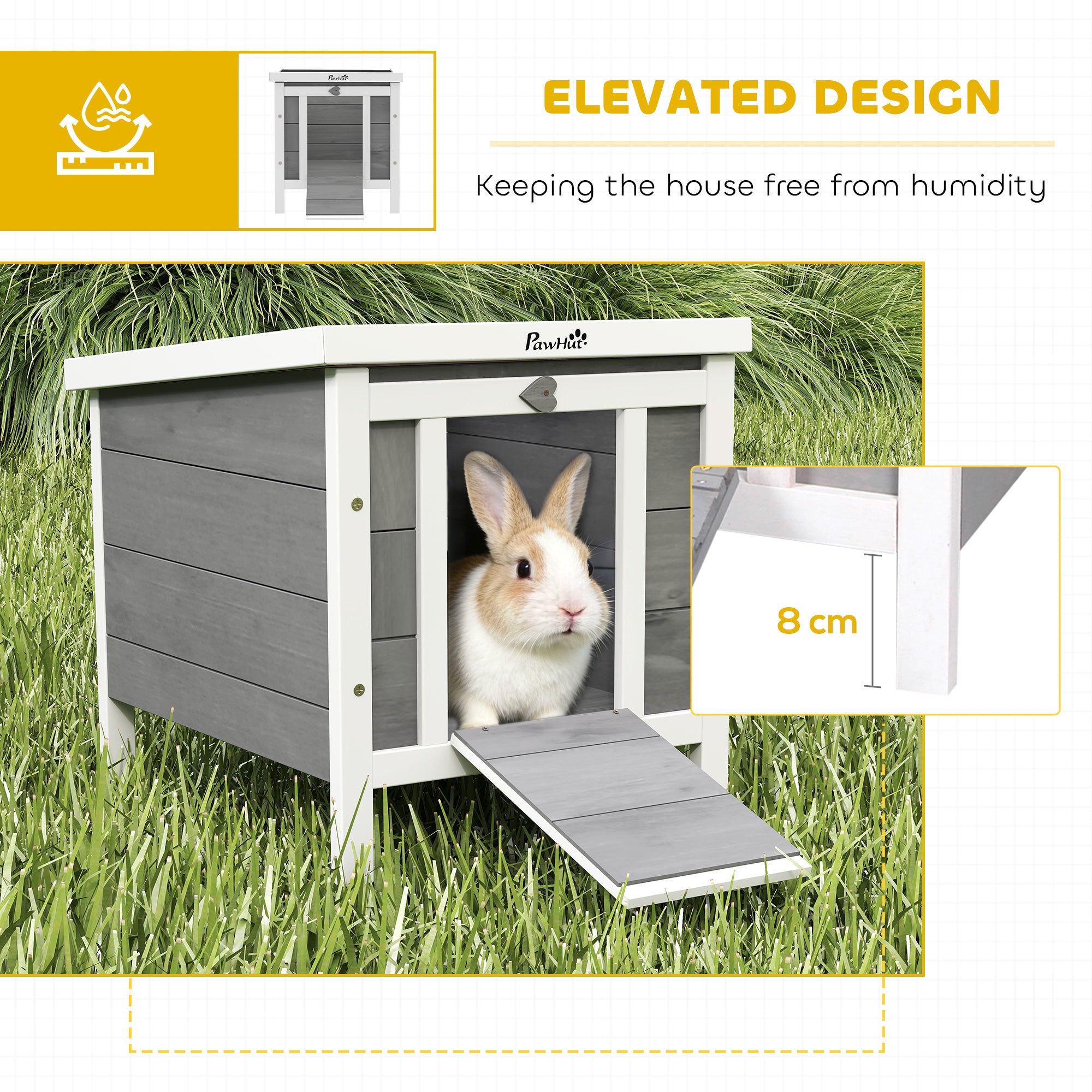 PawHut Wooden Rabbit Hutch Outdoor, Guinea Pig Hutch, Rabbit Hideaway, Cat House, Bunny Cage Small Animal House 51 x 42 x 43 cm, Grey