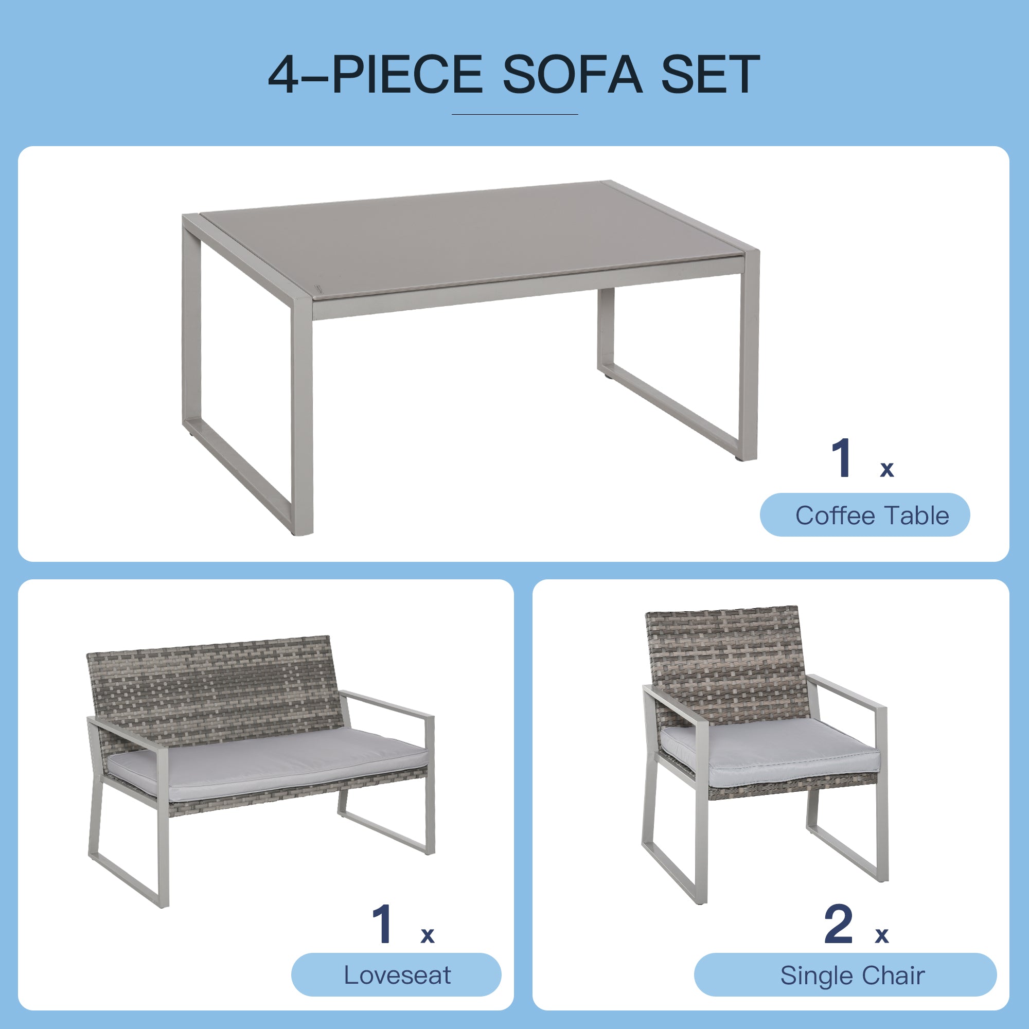 Outsunny 4PC Rattan Garden Furniture Set 2 Single Sofa Arm Chairs 1 Bench with Cushions & Coffee Table Patio Backyard Wicker Weave - North Peak Garden Furniture