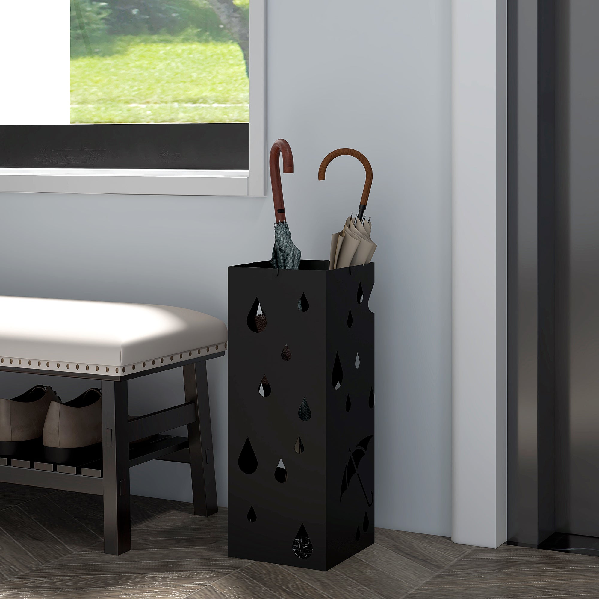 HOMCOM Steel Umbrella Stand, Square Umbrella Holder with 4 Hooks and Removable Drip Tray, Hollowed Umbrella Basket for Hallway, Black - North Peak Garden Furniture