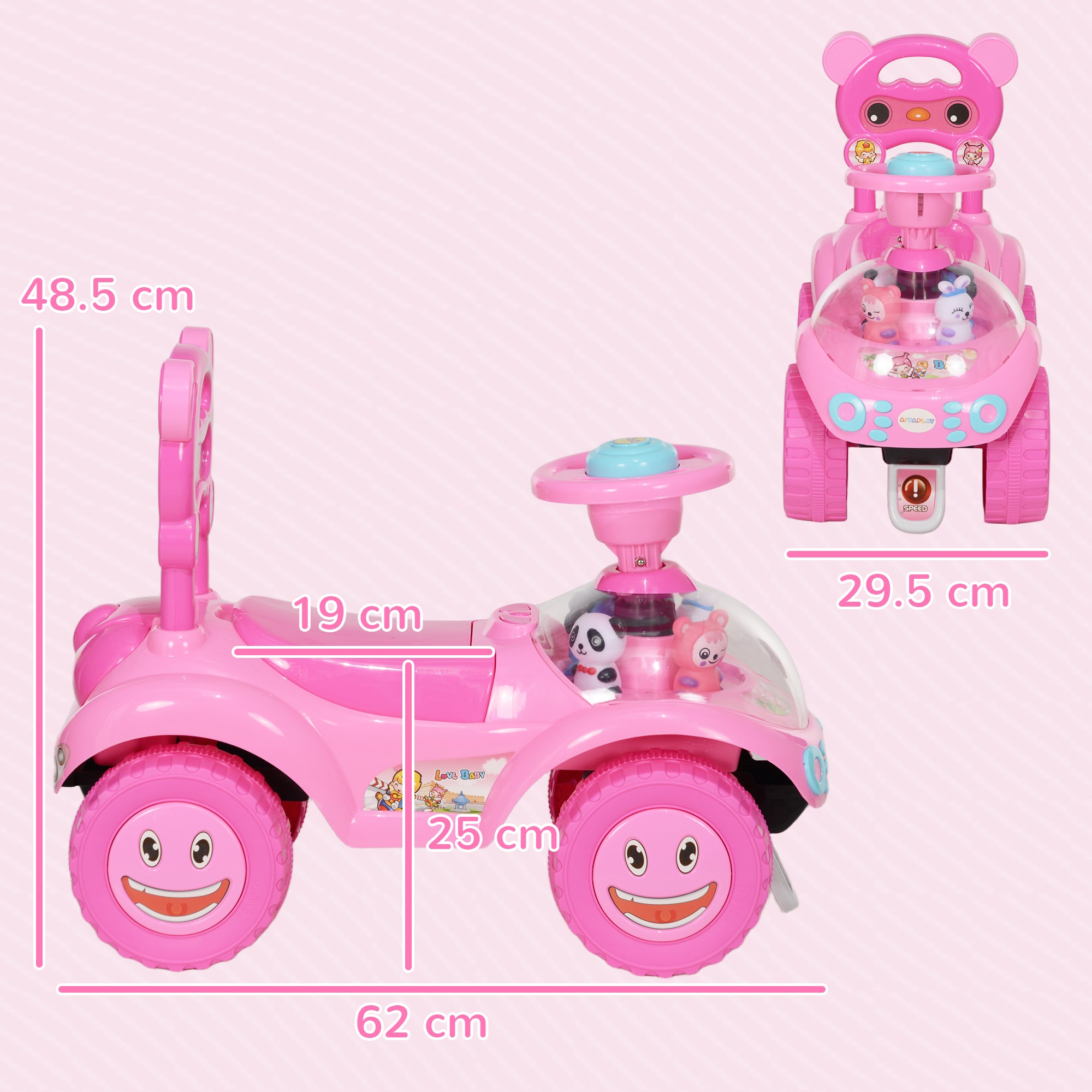 AIYAPLAY Foot to Floor oddler Ride on Toy w/ Music, Light, Horn, Under Seat Storage, Anti-Over-Backwards Device, Pink