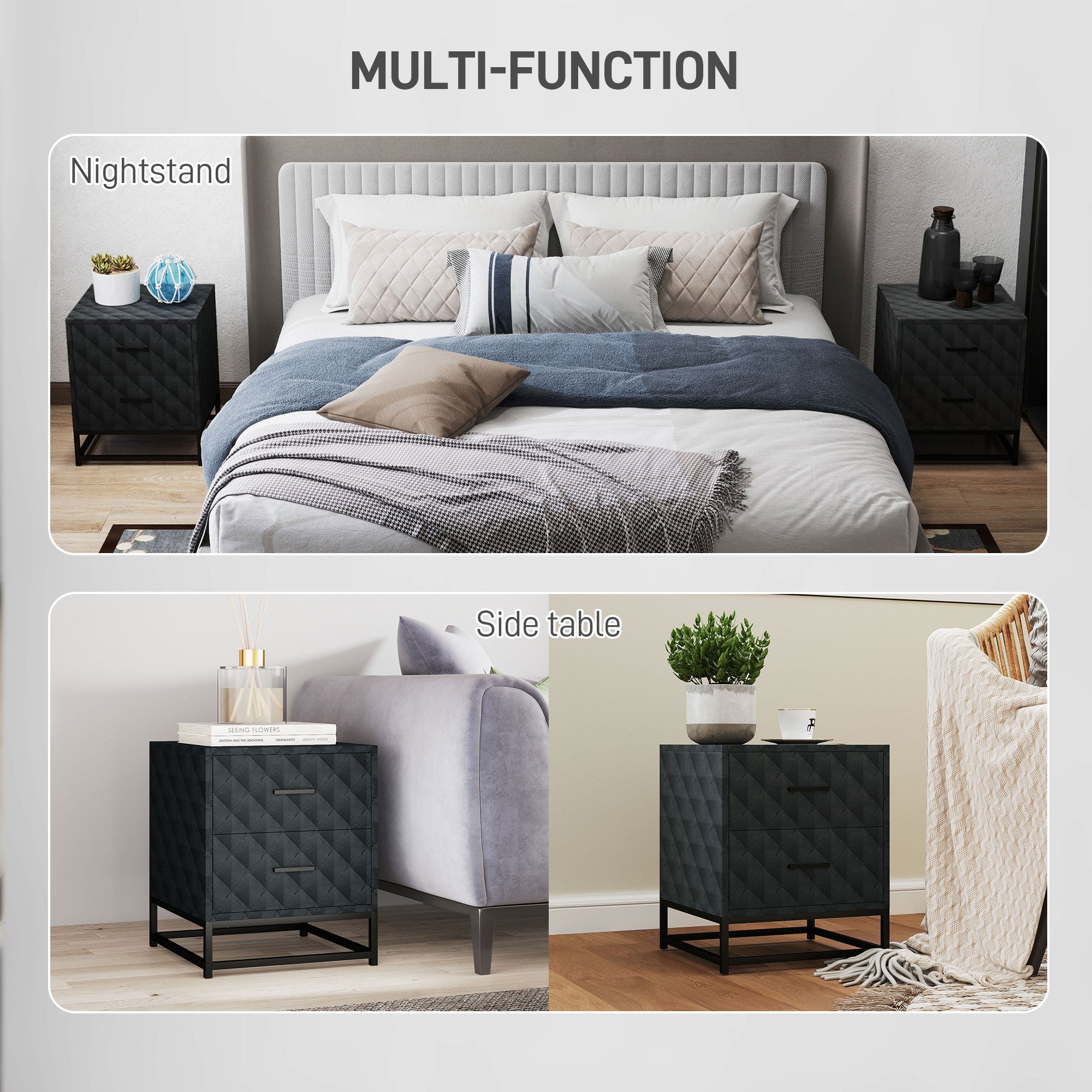HOMCOM Bedside Tables Set of 2, Modern Bedside Table Nightstand with 2 Drawers, Bedside Cabinet Sofa Side Table with Storage, Steel Legs for Bedroom, Living Room, Black - North Peak Garden Furniture