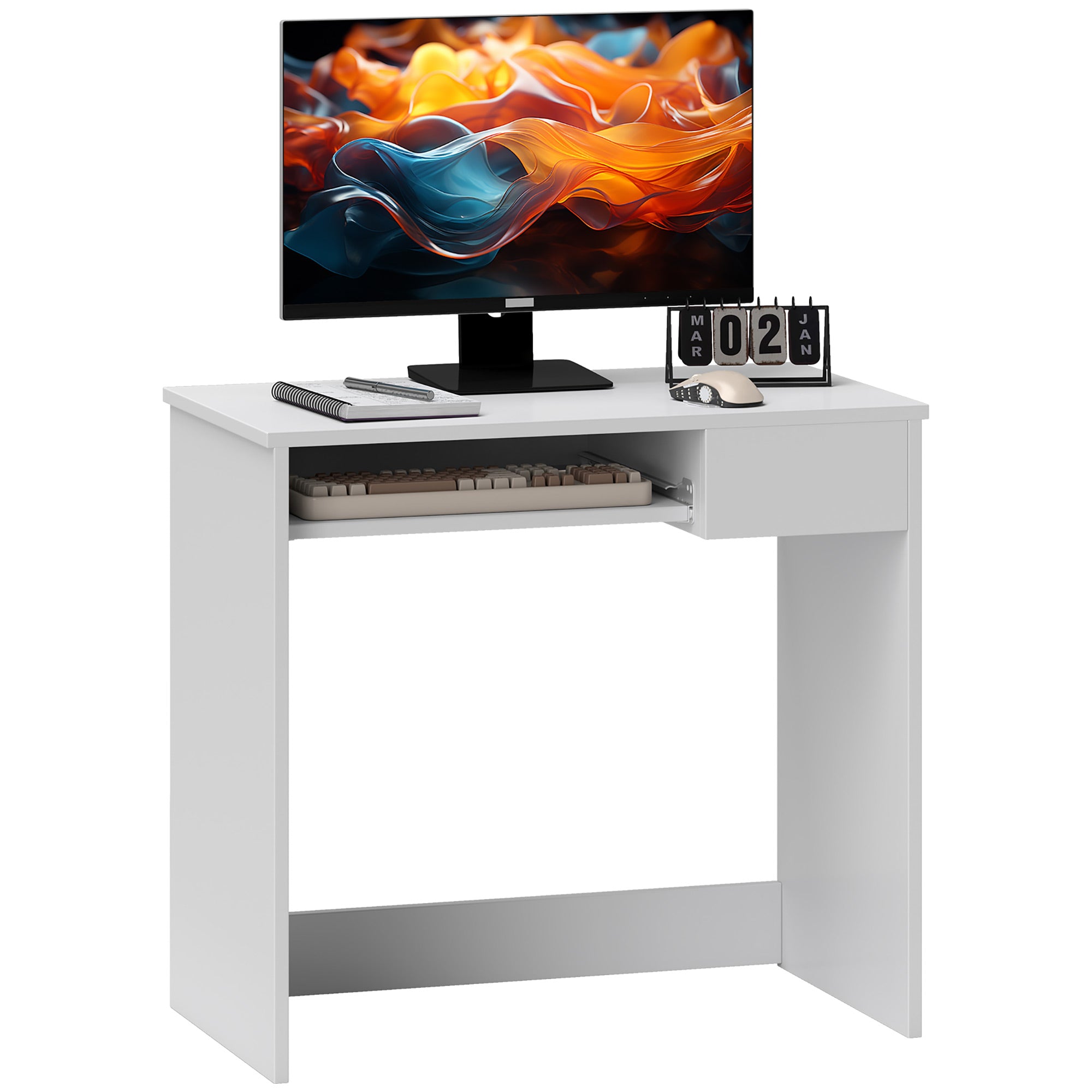 HOMCOM Compact Computer Table with Keyboard Tray Drawer Study Office Working Writing Desk, White - North Peak Garden Furniture