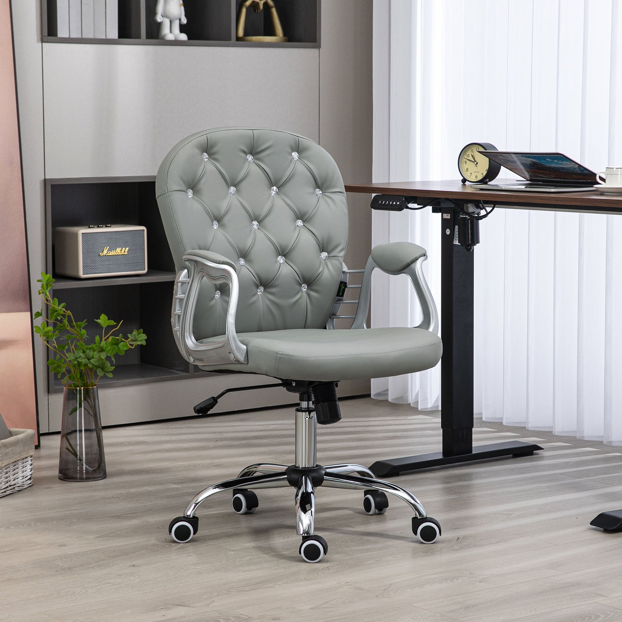 Vinsetto Office Chair Ergonomic 360° Swivel PU Diamante Padded Base 5 Castor Wheels for Home Work Grey - North Peak Garden Furniture