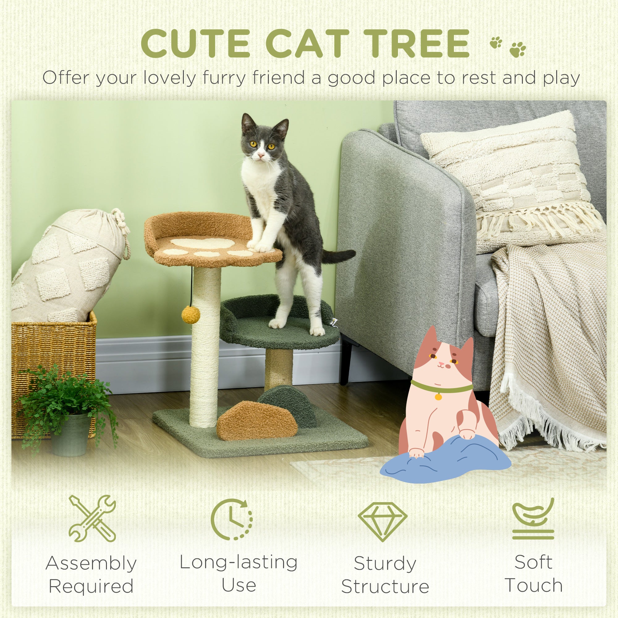PawHut 52cm Small Cat Tree for Indoor Cats, Scratching Posts with Two Beds, Toy Ball - North Peak Garden Furniture