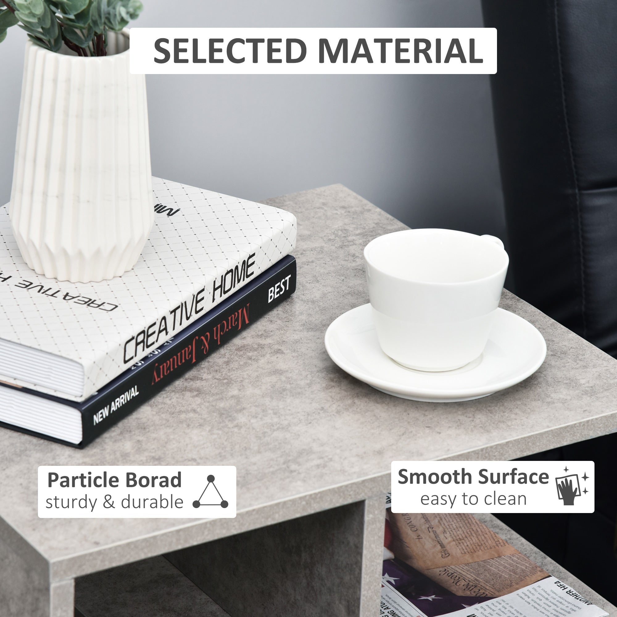 HOMCOM Side Table, 3 Tier End Table with Open Storage Shelves, Living Room Coffee Table Organiser Unit, Cement Colour - North Peak Garden Furniture