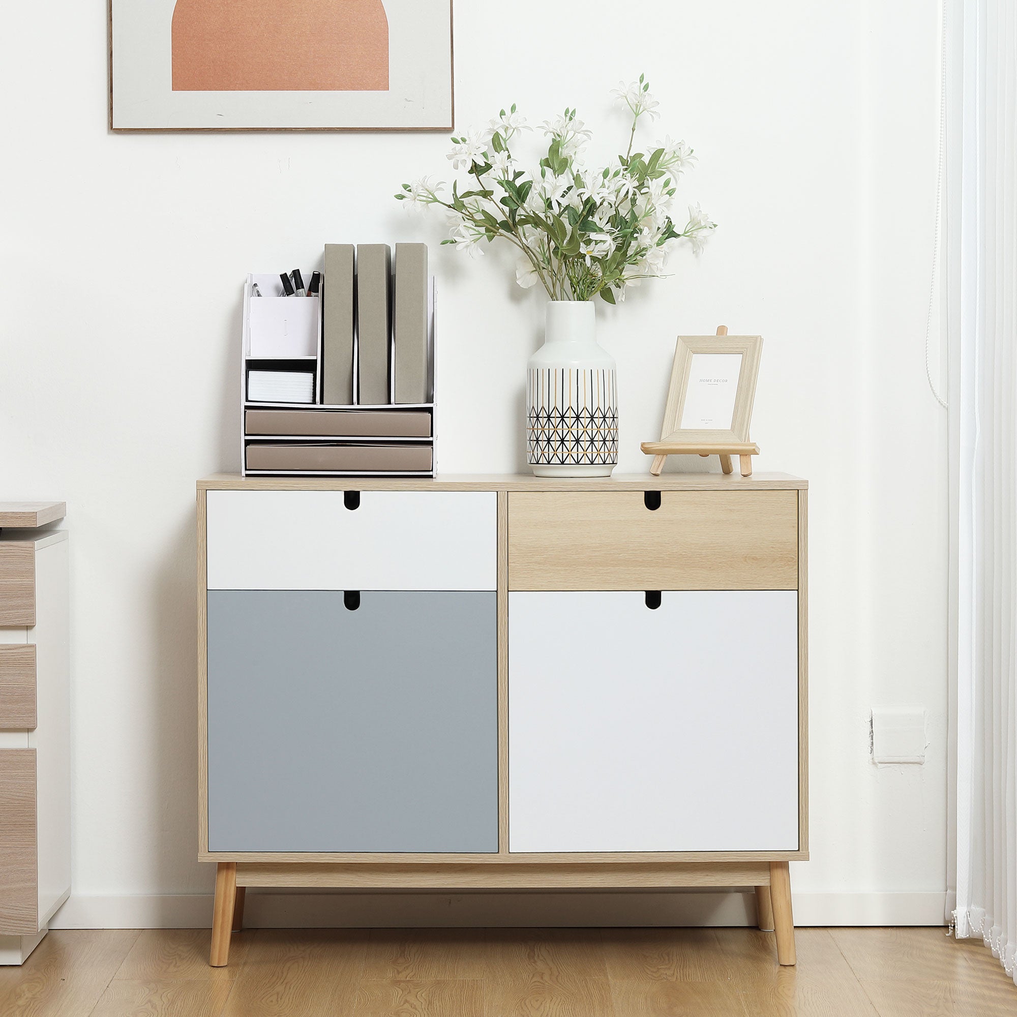 HOMCOM Sideboard, Kitchen Storage Cabinet with Drawers and Door Cupboards for Dining Room, Living Room, Entryway,100W x 40D x 79.5Hcm, Multicoloured - North Peak Garden Furniture