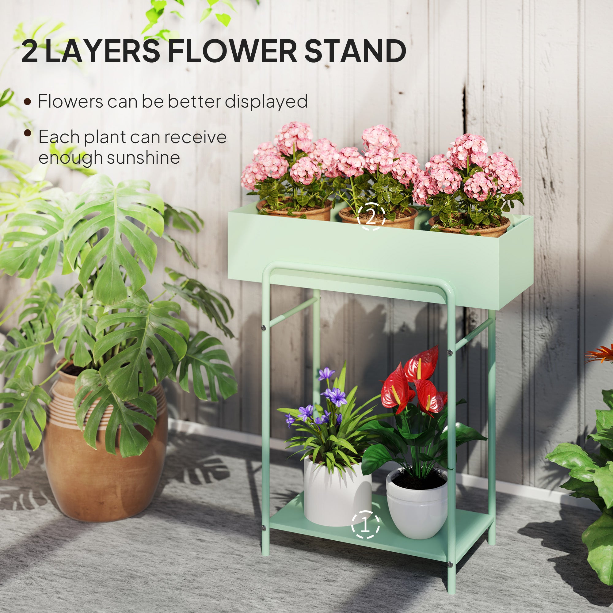 Outsunny 2 Tier Plant Stand, Metal Plant Rack Shelf with Drain Holes, Floor-standing Flower Pot Stand for Indoor Outdoor Garden Patio Balcony Living Room, Green - North Peak Garden Furniture
