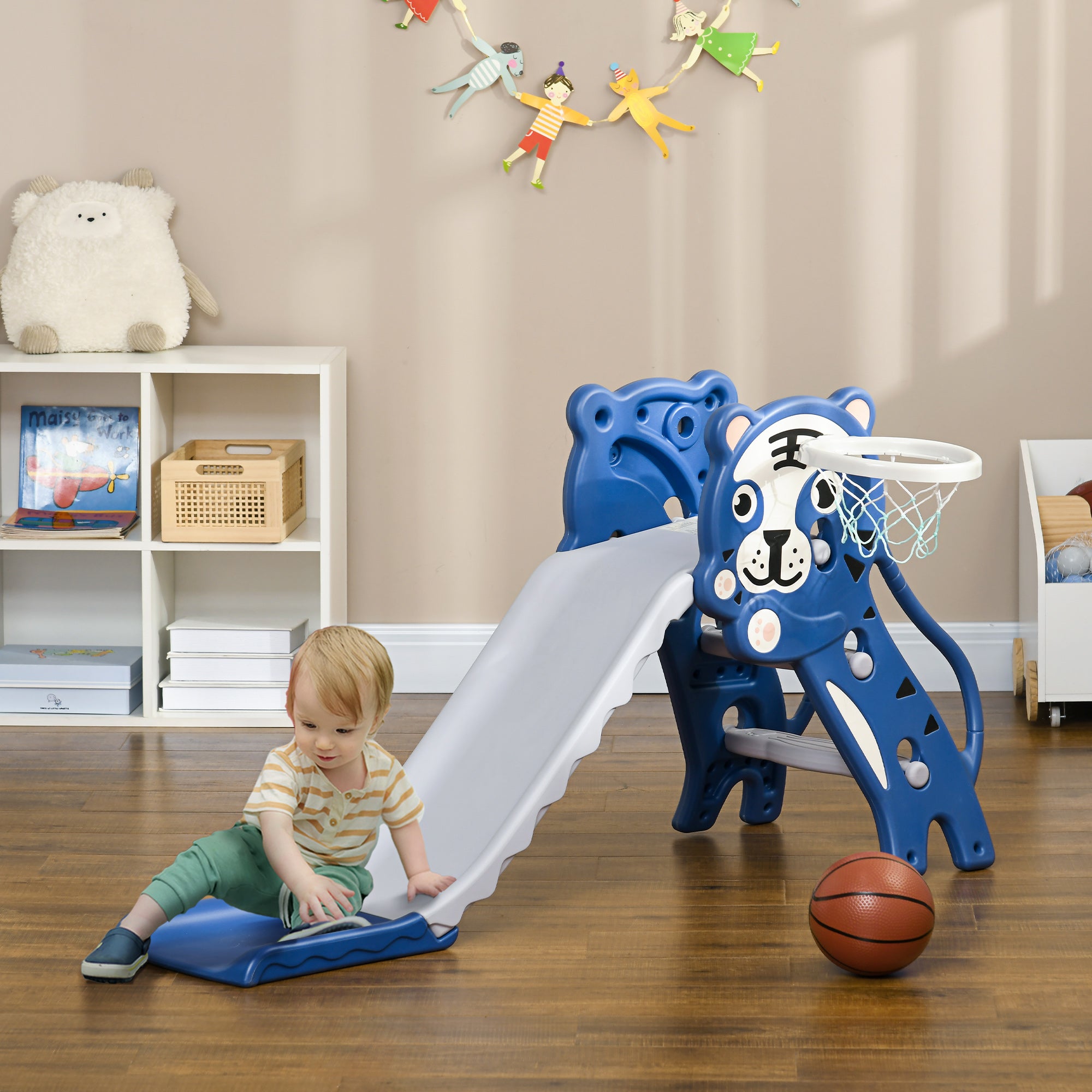 AIYAPLAY 2 in 1 Baby Slide for Indoor Use with Basketball Hoop, Basketball, for Ages 18-36 Months - Blue - North Peak Garden Furniture