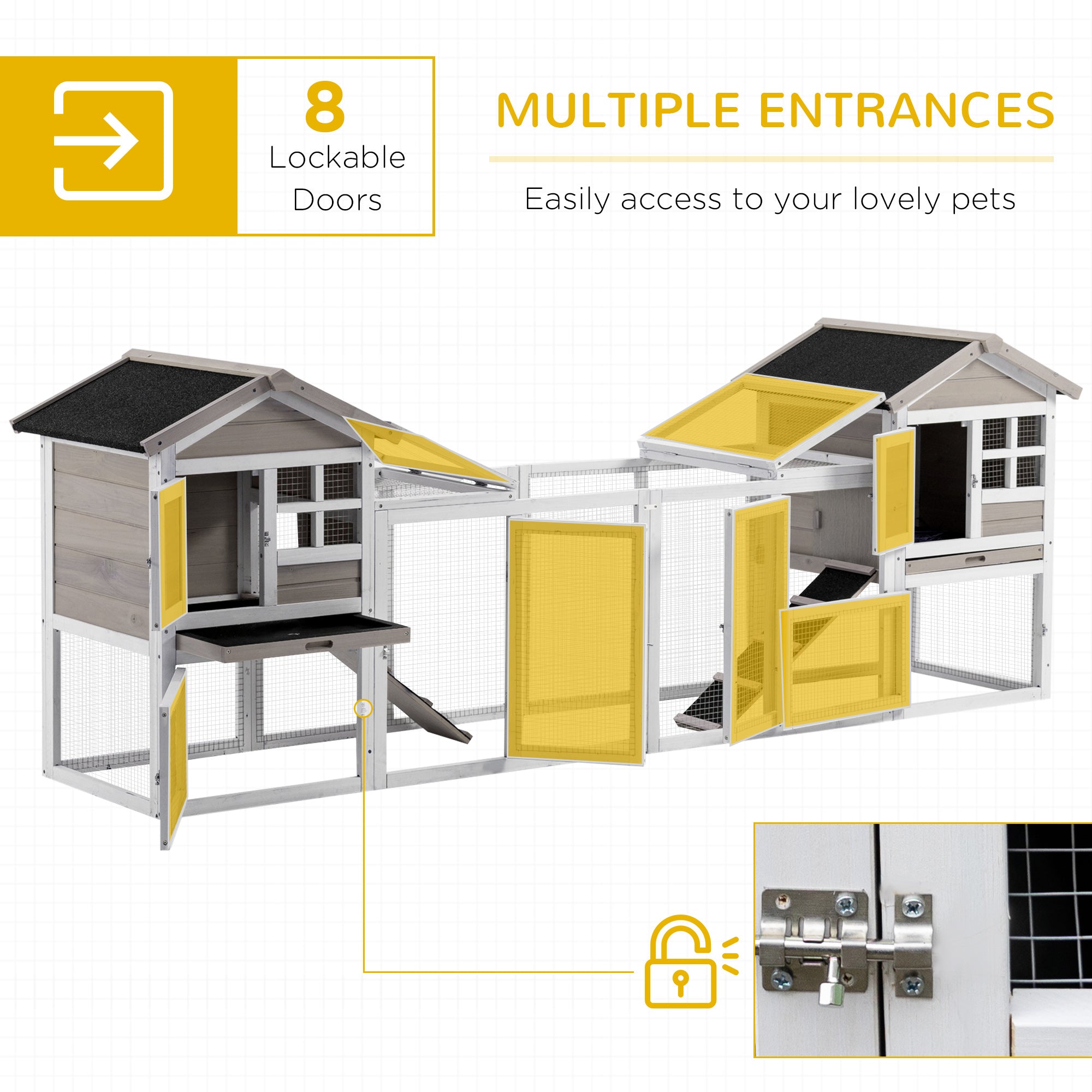 PawHut 2 in 1 Rabbit Hutch Outdoor Guinea Pig Hutch Bunny Run Double Main House with Run, No-Leak Tray 259 x 64 x 92cm, Grey - North Peak Garden Furniture