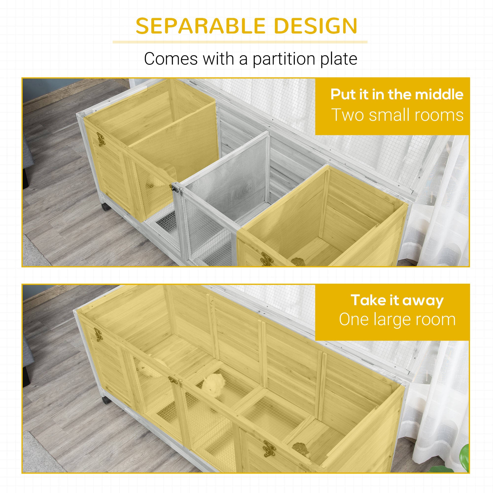 PawHut Rabbit Hutch Guinea Pig Cage, 2 in 1 Small Animal House for Indoor with Wheels 138 x 53 x 61cm, Light Grey