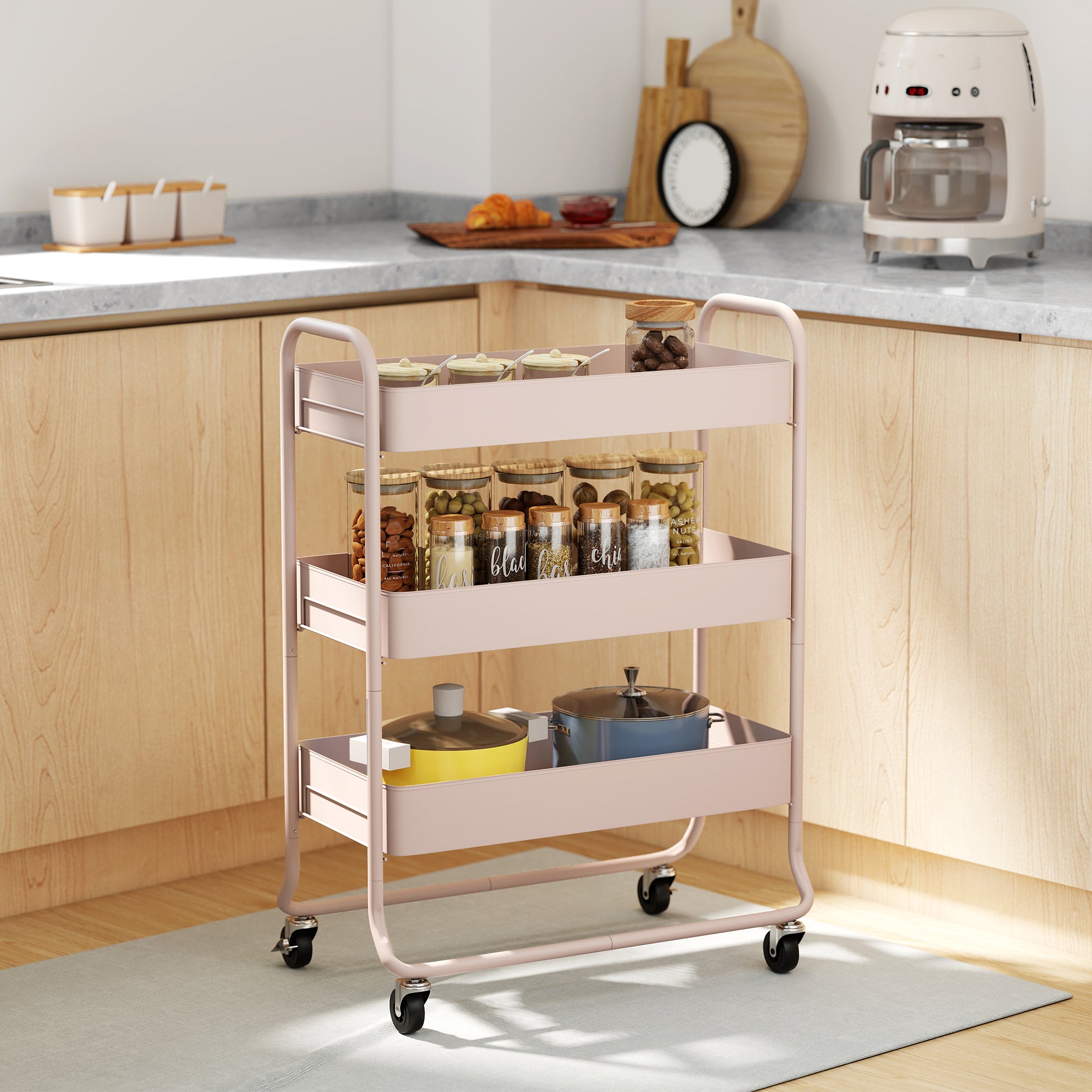 HOMCOM 3-Tier Storage Trolley on Wheels, Rolling Utility Cart with Mesh Backets for Kitchen, Bathroom, Bedroom, Light Pink